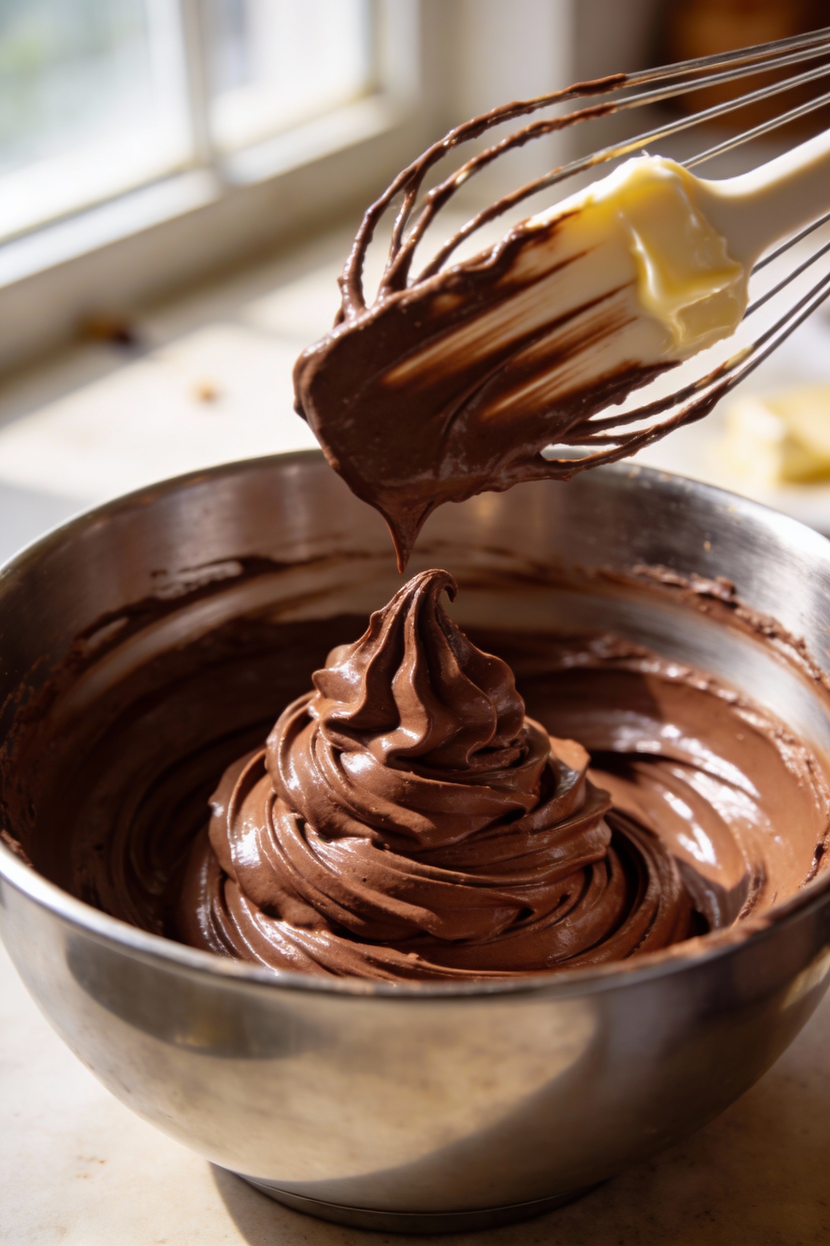 Cooking process: glossy chocolate frosting being whipped to fluffy peaks in a mixing bowl, cocoa-rich swirl texture, sof