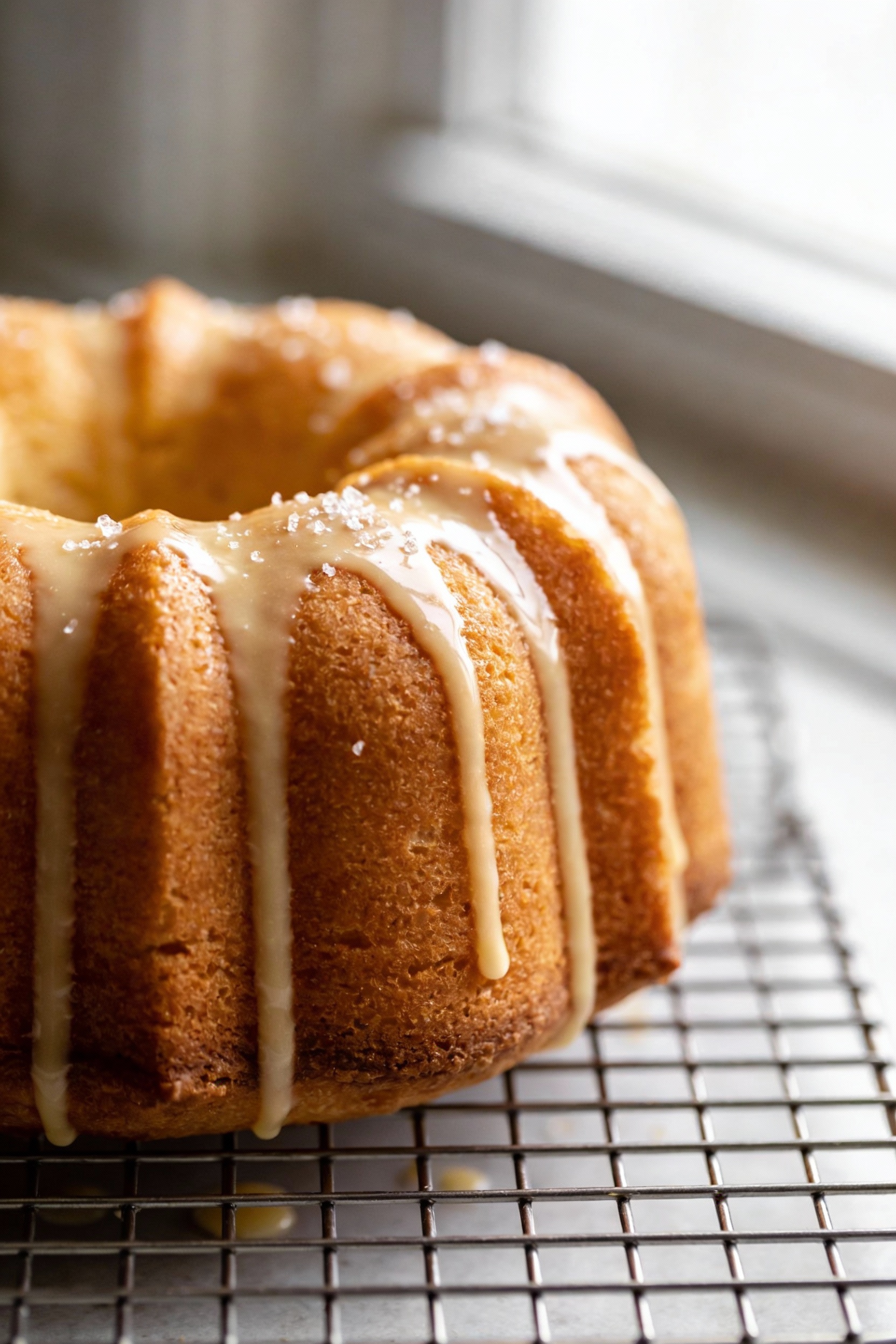 Close-up detail of a golden vanilla bundt cake just unmolded, sharp ridges and glossy crust, thin vanilla glaze dripping
