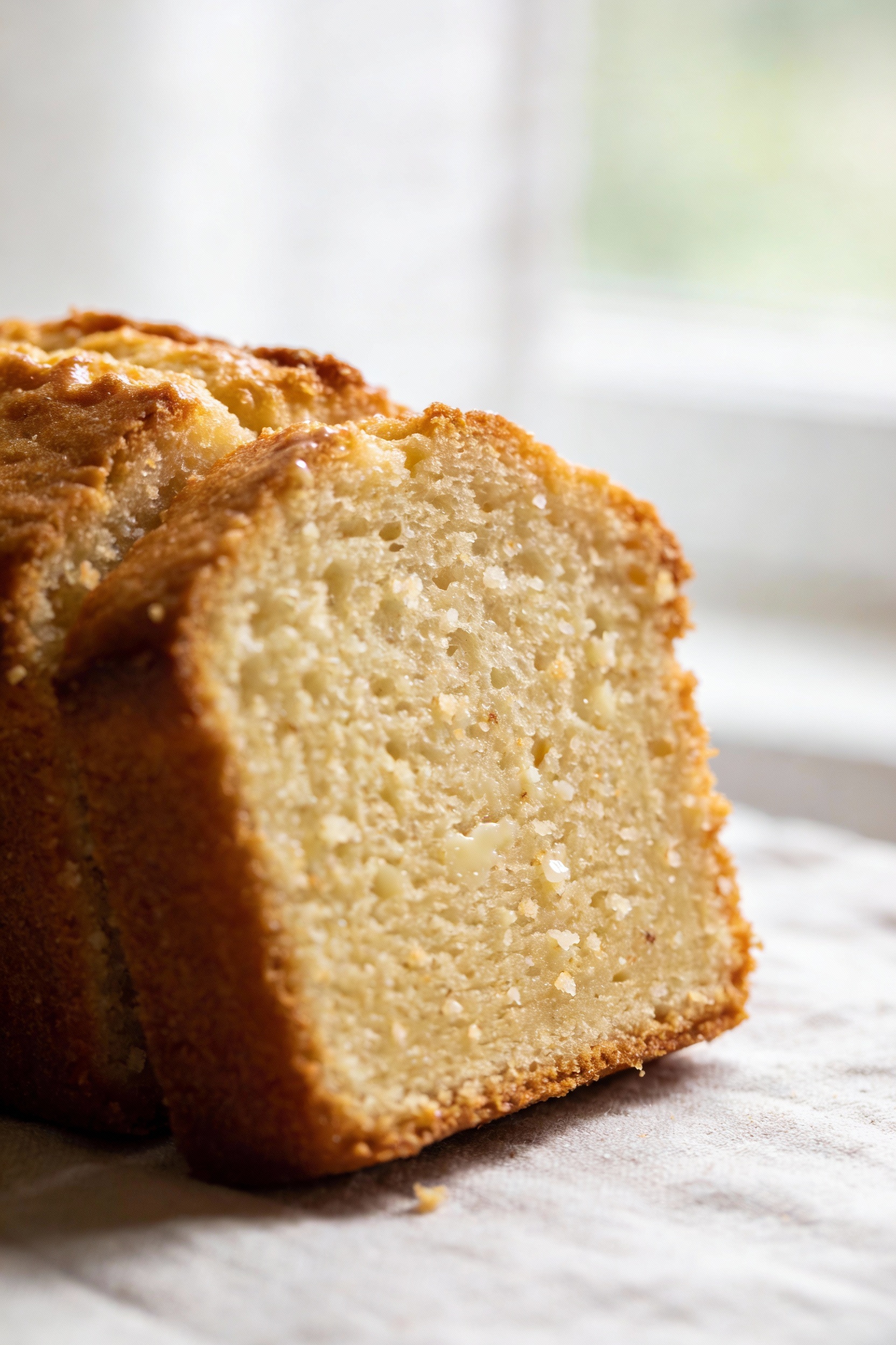 Close-up detail of a thick slice of moist vanilla pound cake showing a tight-yet-tender crumb with tiny moist crumbs, bu