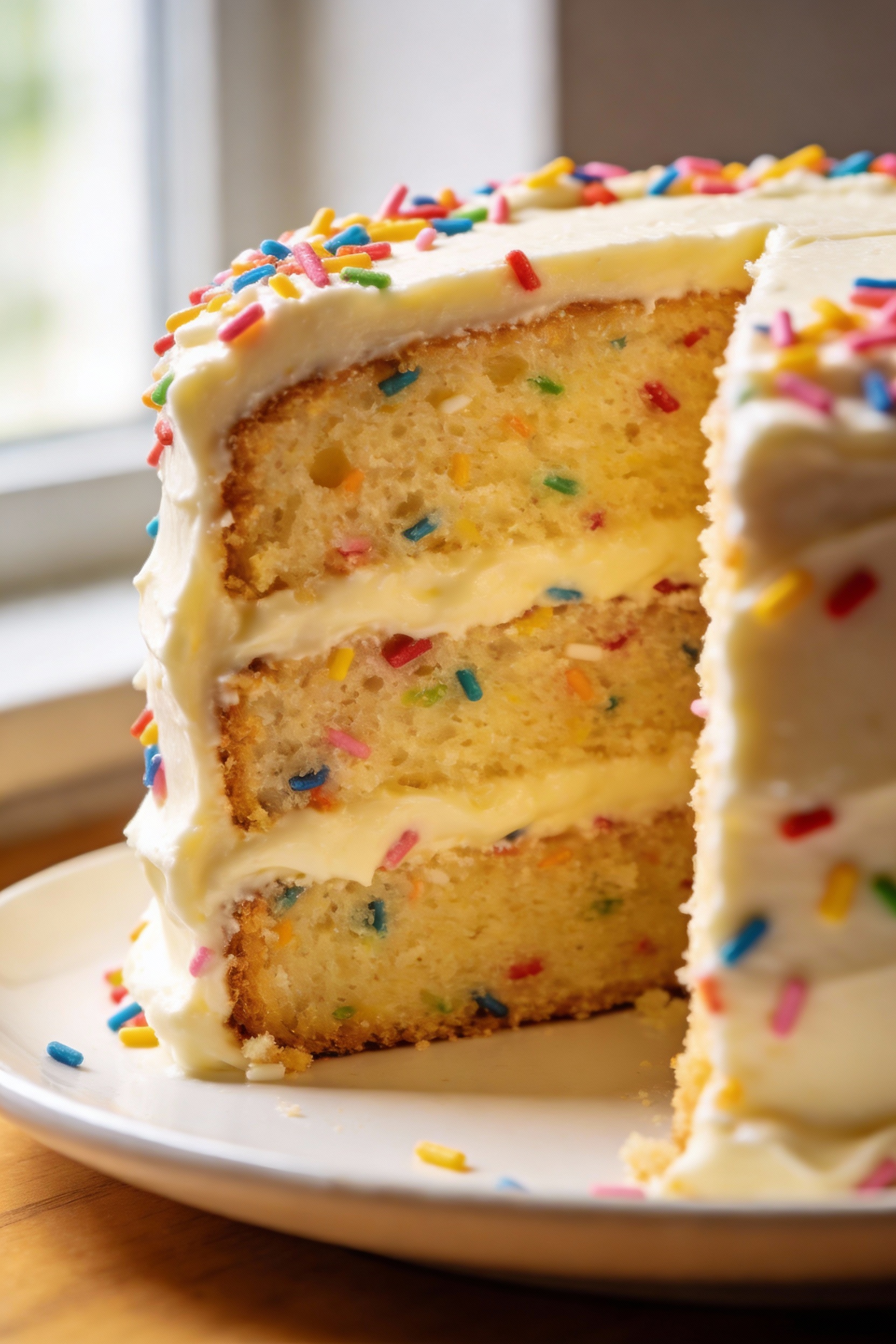 Close-up detail of a sliced vanilla confetti layer cake showing a moist, tender crumb packed with rainbow jimmies, thick