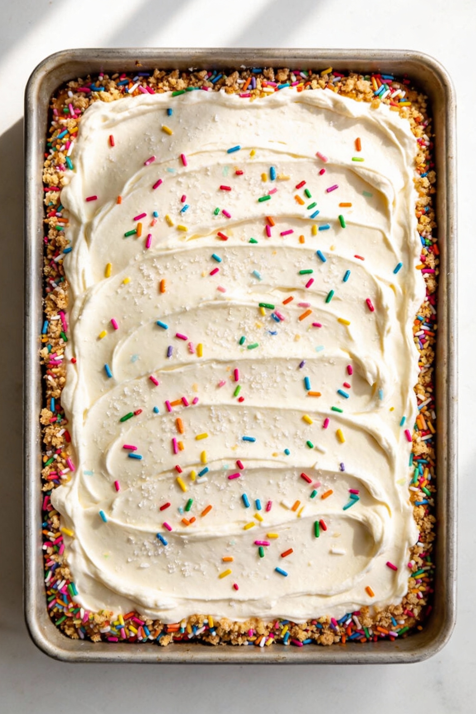 Overhead shot of a freshly frosted confetti sheet cake in a 9x13 pan, smooth whipped vanilla frosting (lightened with he