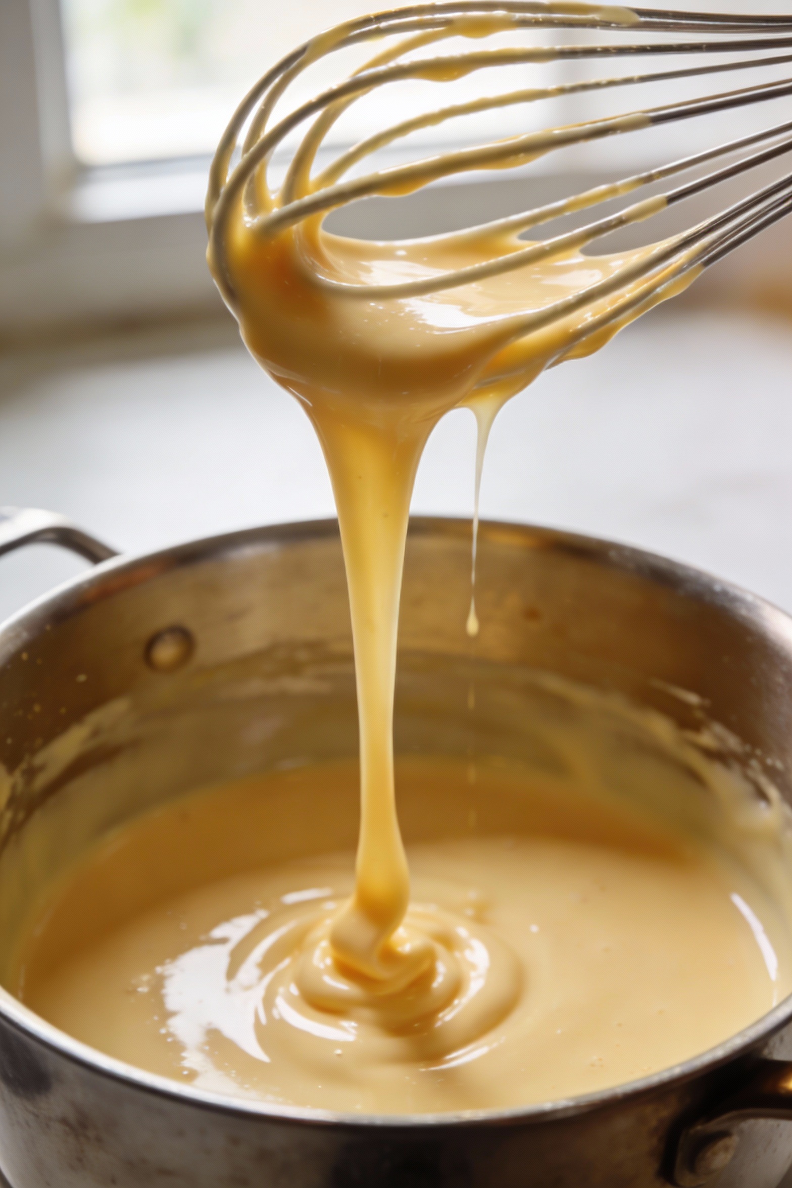 1. Close-up of a thick, glossy vanilla custard in a saucepan mid-whisk, showing slow pudding-like ribbons and a silky sh