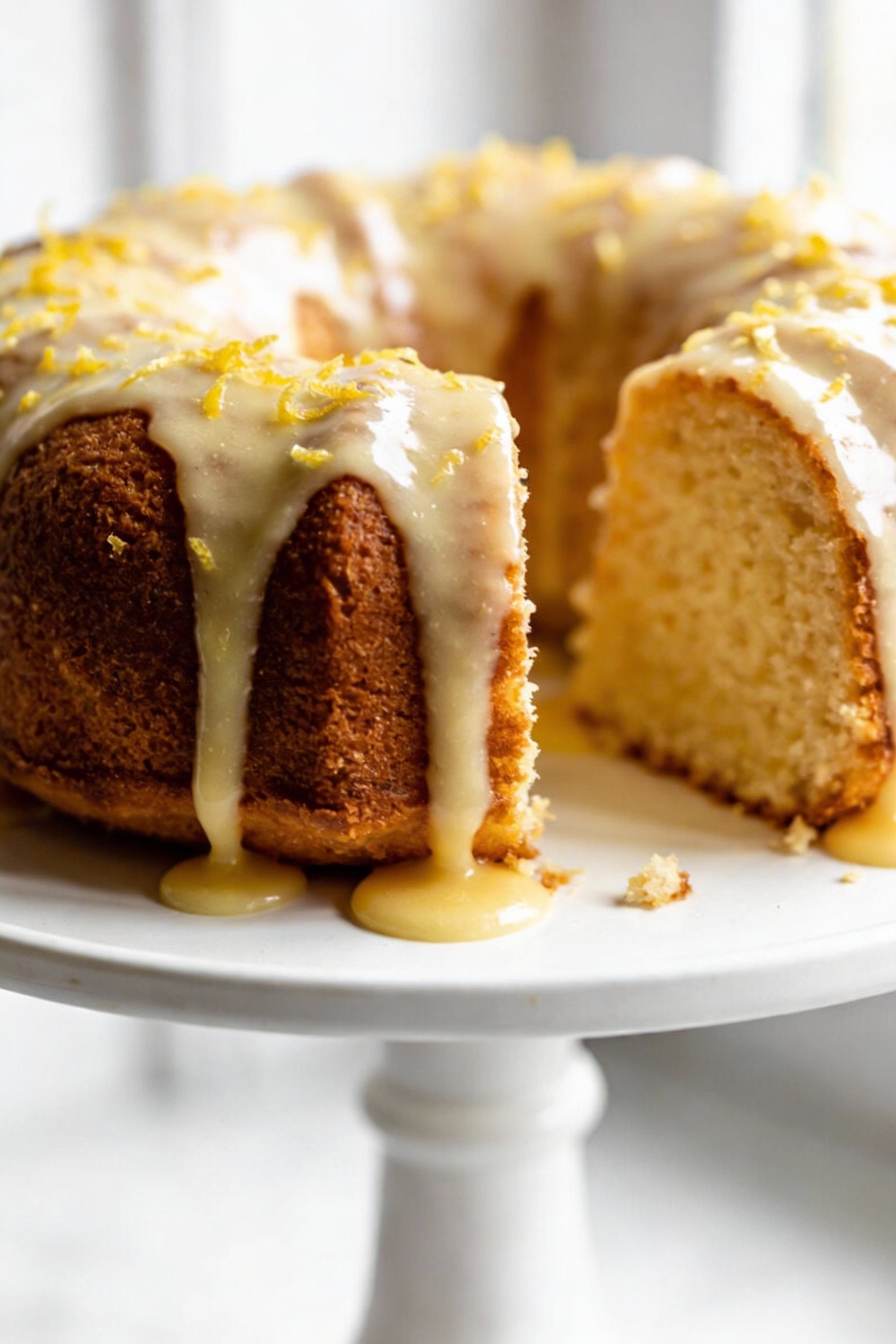 Close-up detail of a thick, glossy lemon glaze dripping over a cooled lemon Bundt cake, bright yellow zest speckled on t