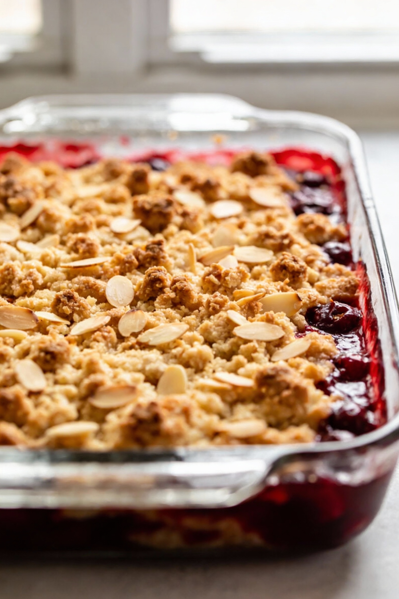 Close-up detail of cherry dump cake fresh from the oven in a 9x13 glass baking dish, golden buttery cake-mix topping wit
