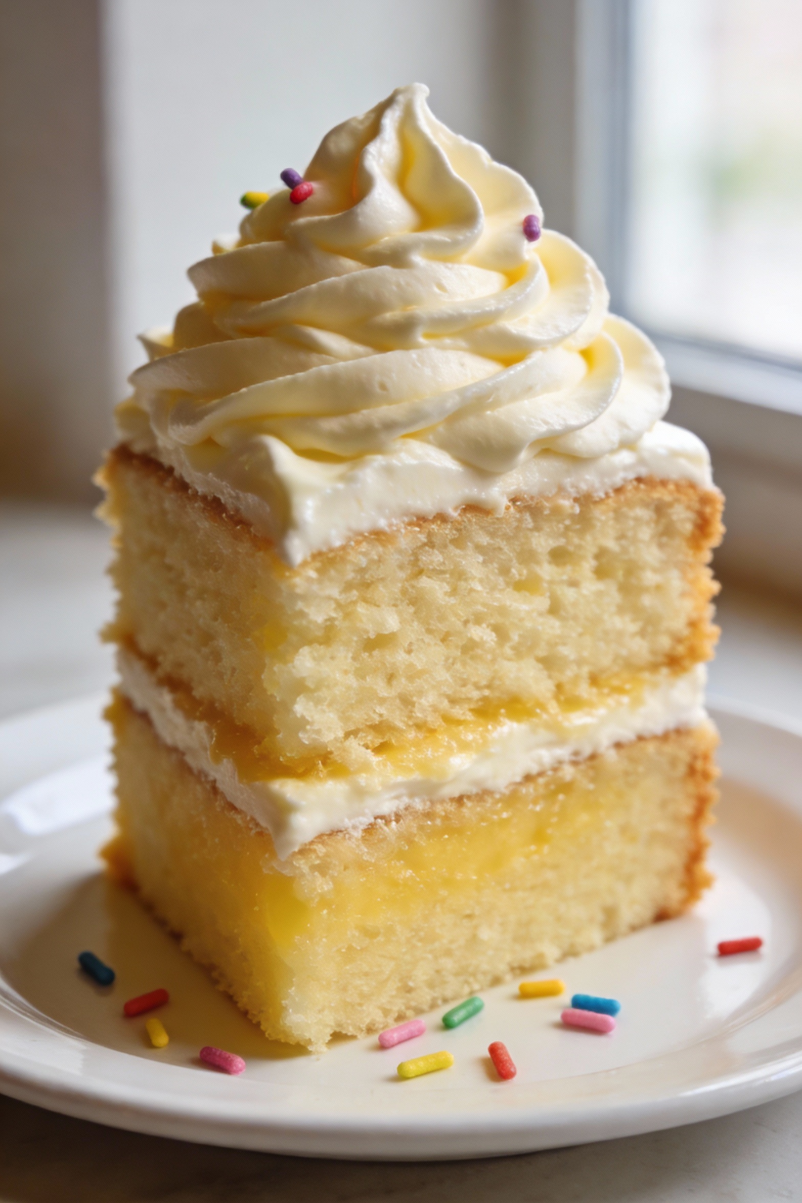 1. Close-up of a tall two-layer vanilla cake slice showing a plush, fluffy crumb and buttery yellow interior, thick swir