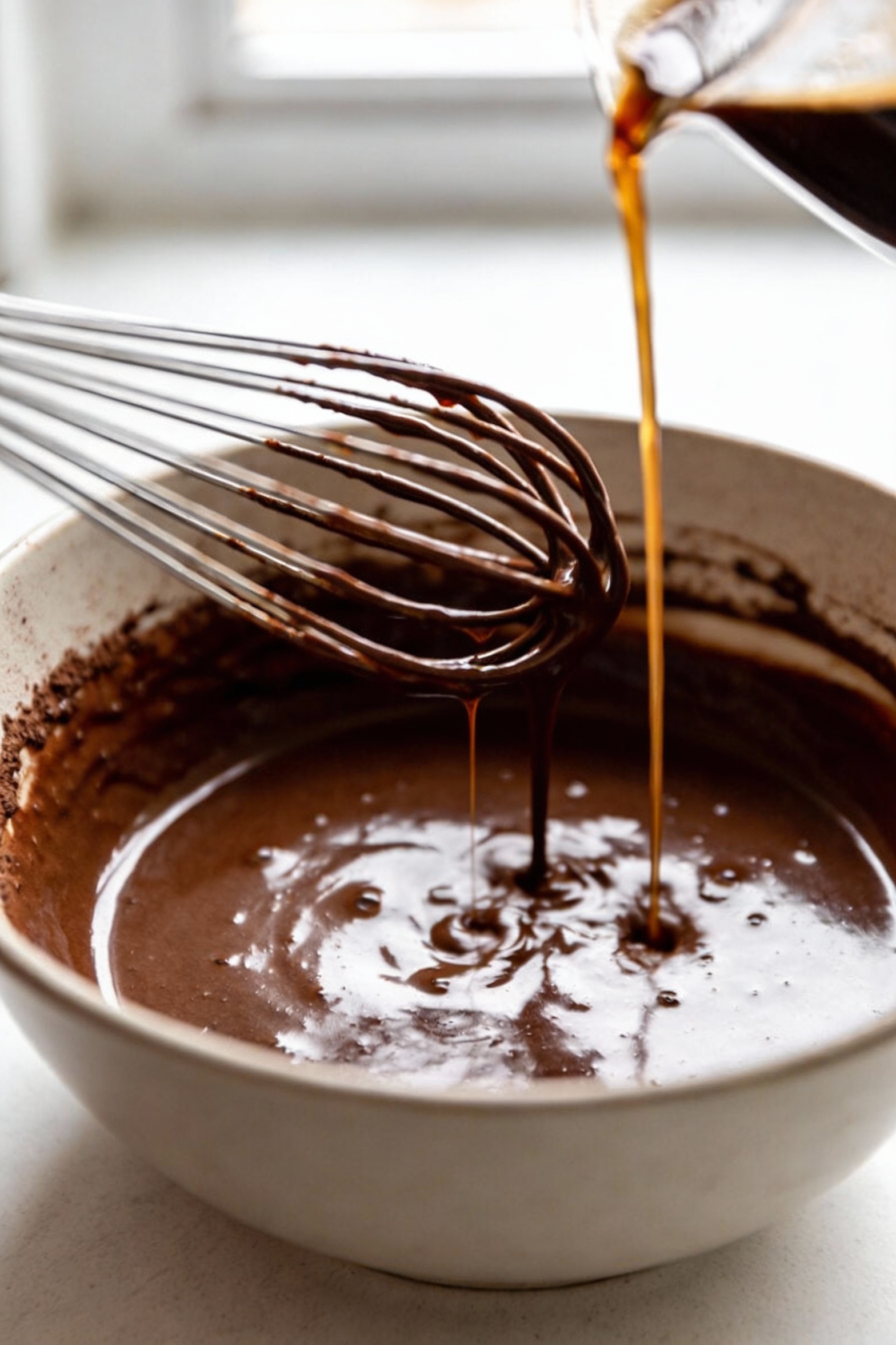 Cooking process: hot coffee being whisked into glossy chocolate cake batter in a mixing bowl, cocoa visibly bloomed with