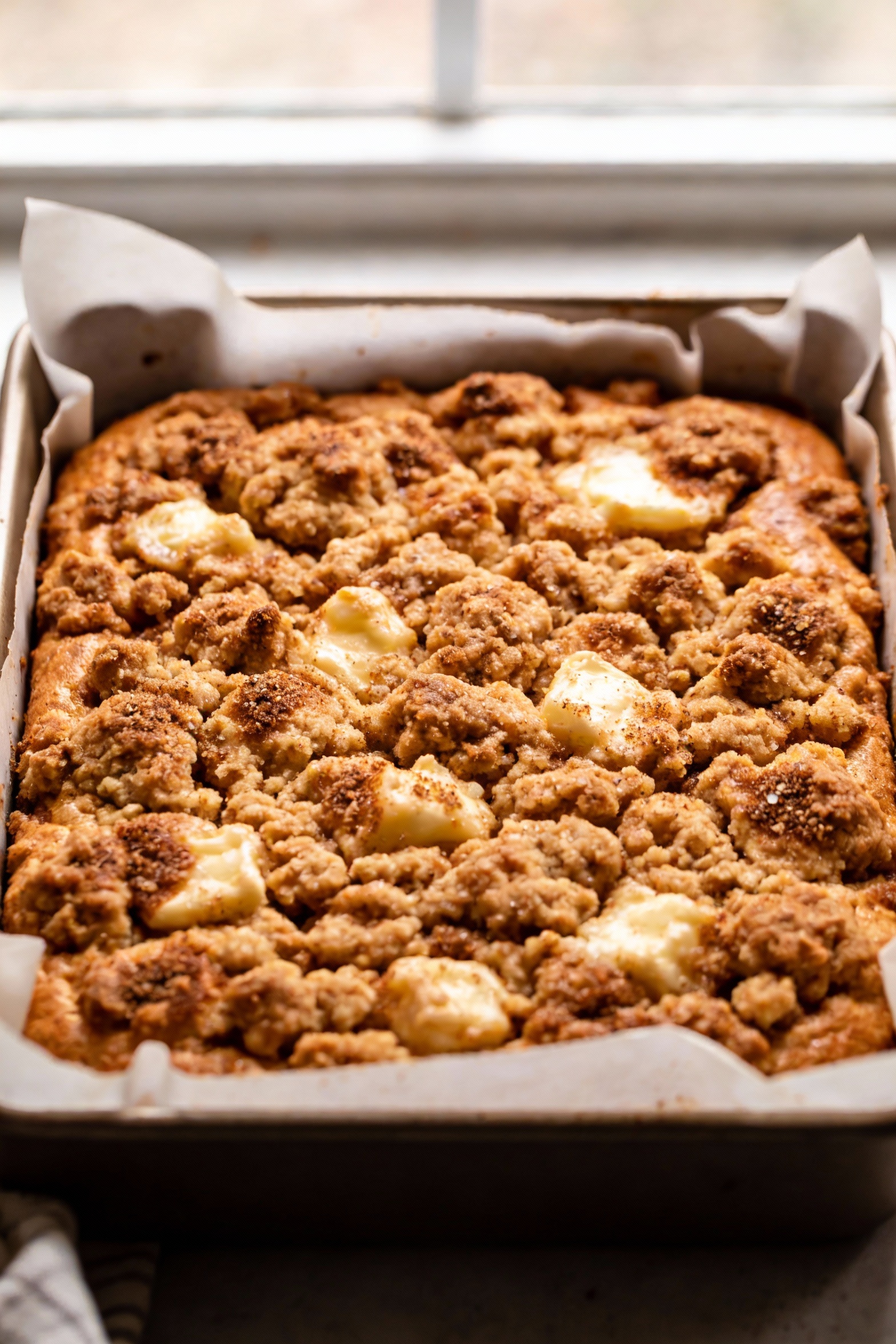 Close-up of a freshly baked cinnamon-streusel coffee cake in a 9x9-inch pan, golden-brown crumb topping with big buttery