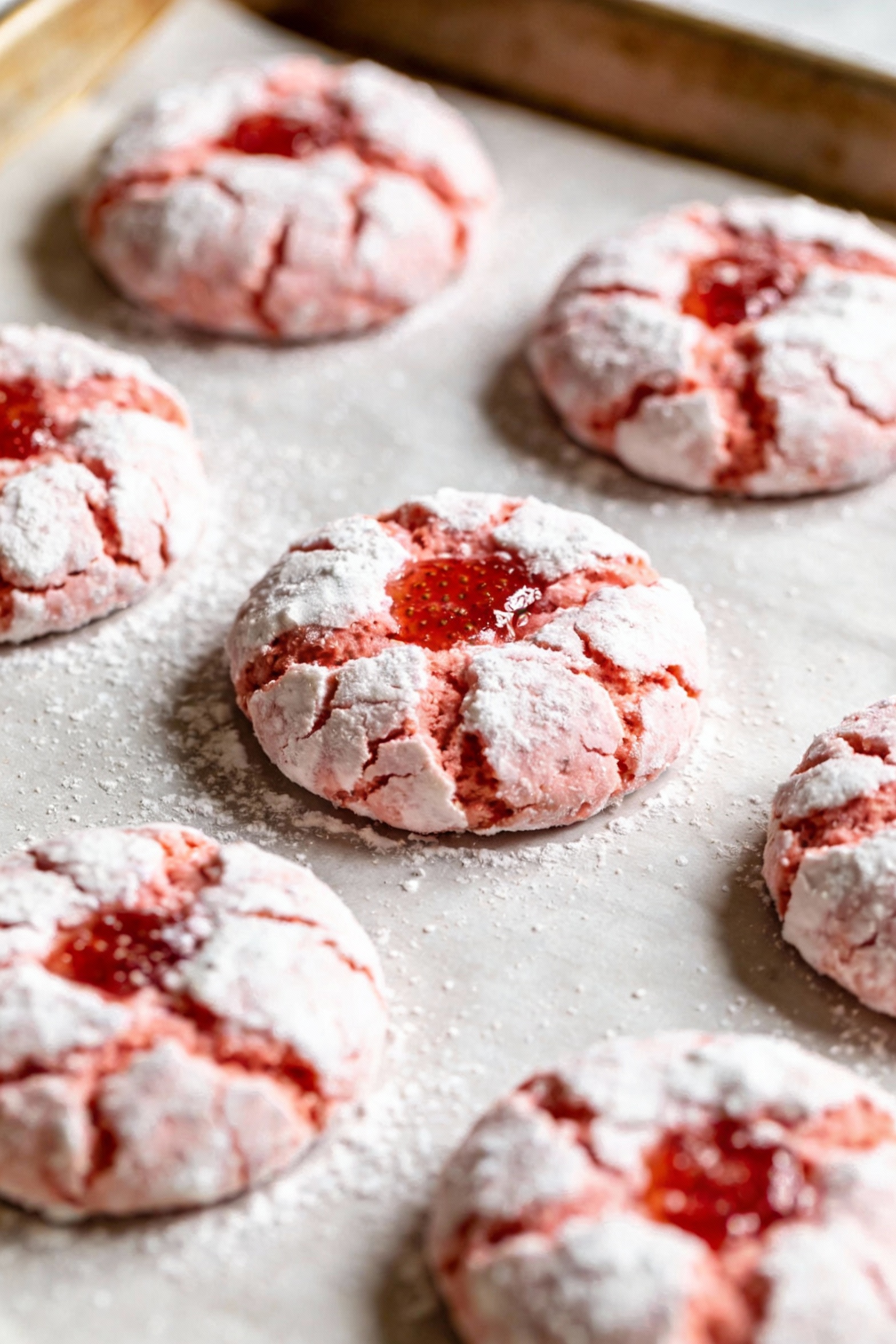 1. Close-up of strawberry crinkle cookies fresh from the oven, thick powdered sugar coating with dramatic pink cracks an