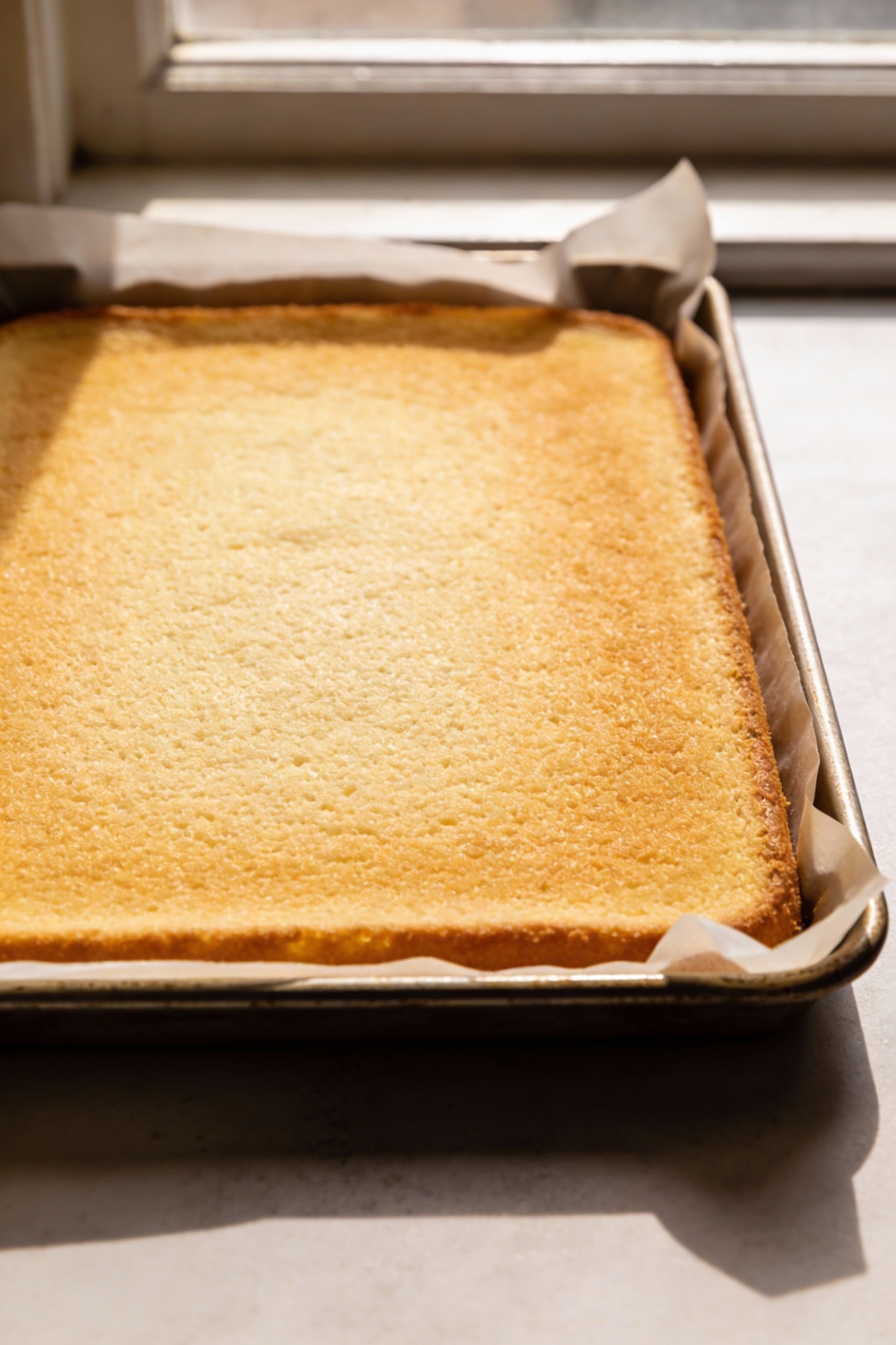 Cooking process: freshly baked vanilla sponge sheet in a 10x15 jelly-roll pan, top lightly springy and evenly golden, pa