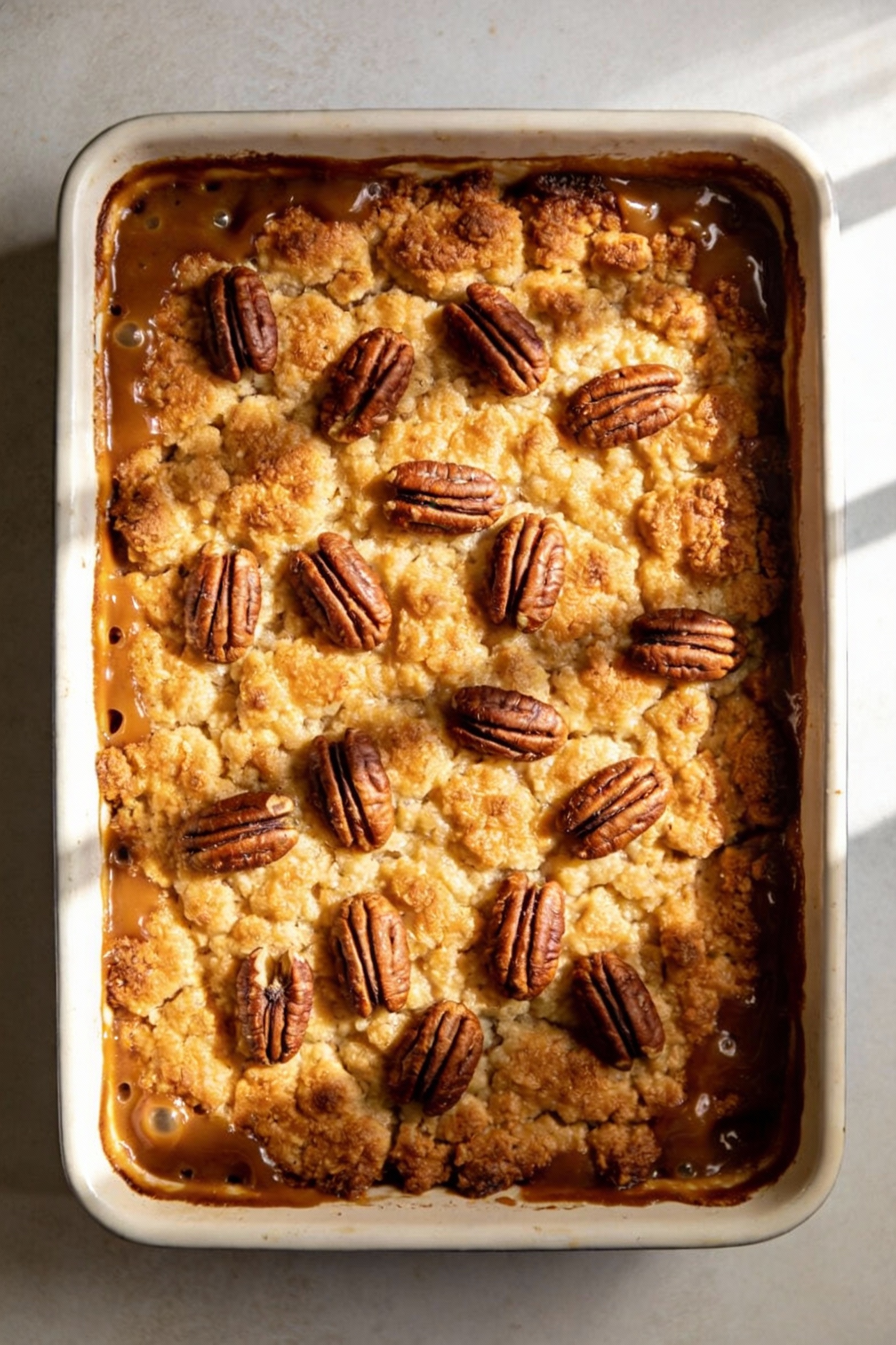 Overhead shot of a 9x13-inch baking dish of pecan pie dump cake fresh from the oven, deep golden butter-crisp top with s