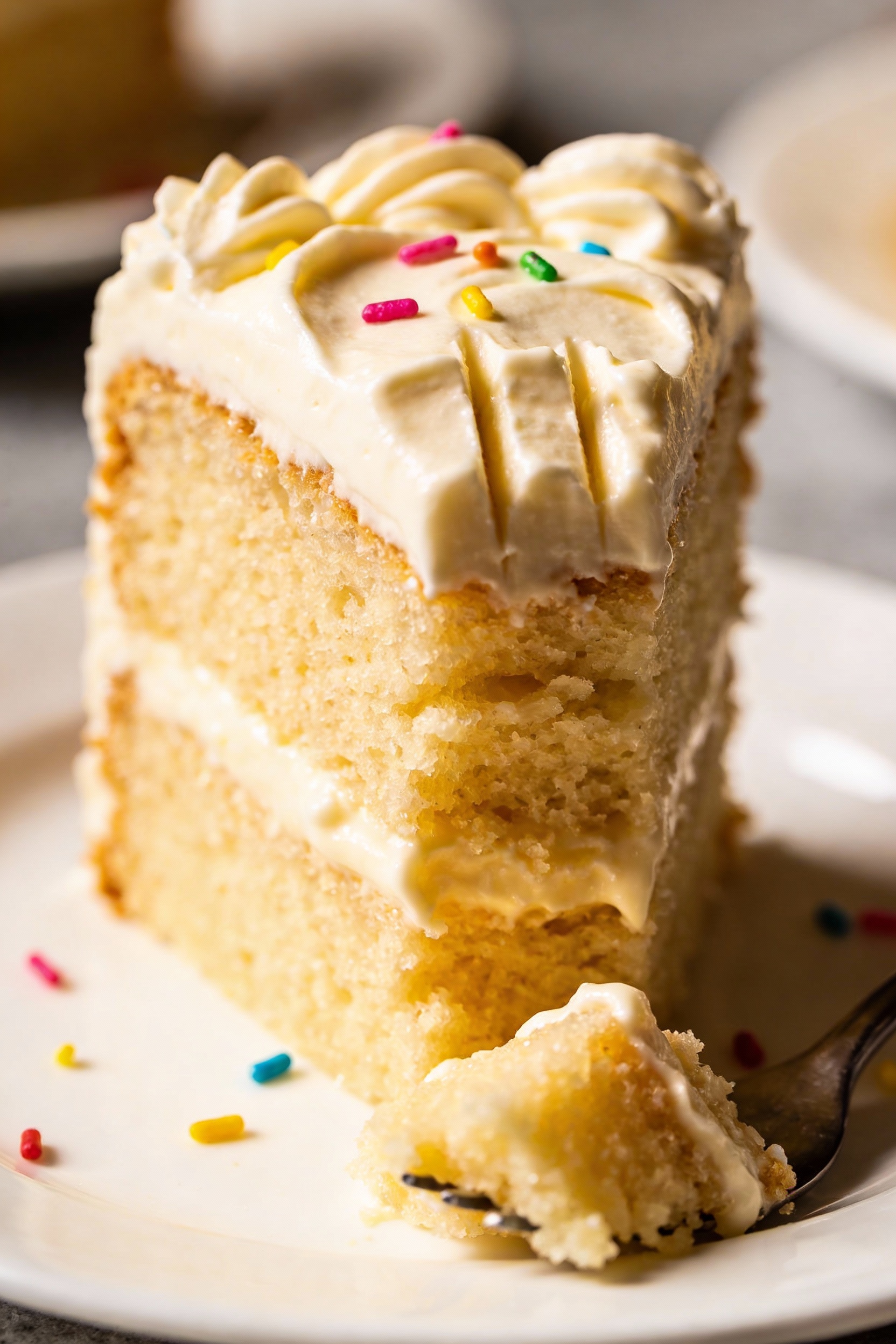 2. Close-up detail: a tall slice of master vanilla butter cake on a white dessert plate, tender tight crumb with moist s