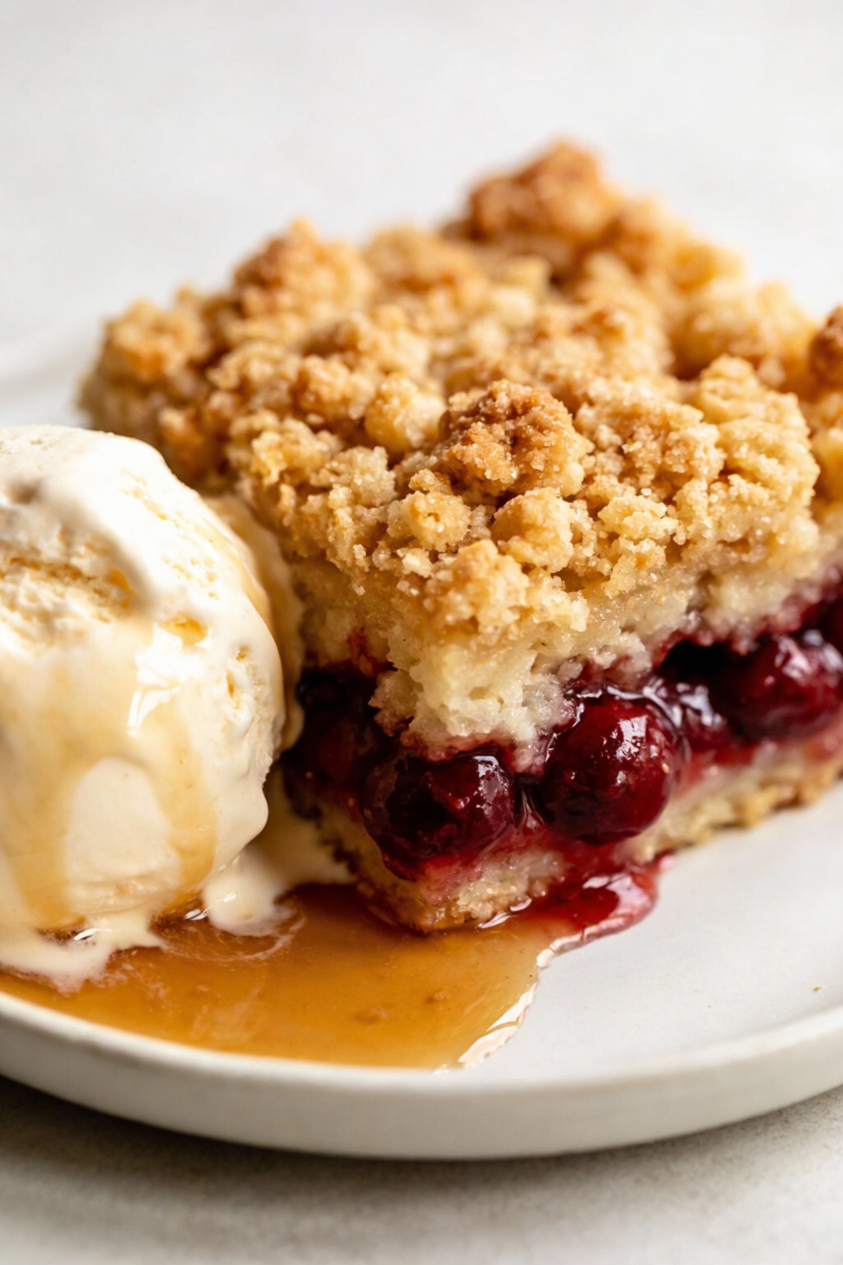 Close-up detail of a warm dump cake square showing layers—gooey cherry filling, tender middle, and crunchy butter-soaked