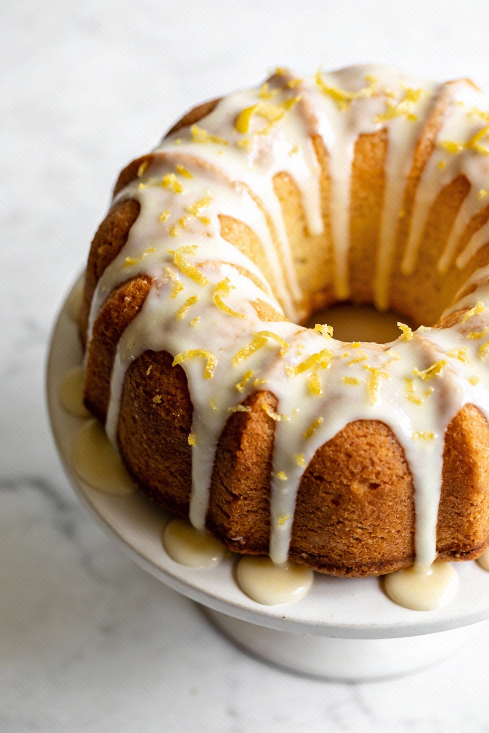 2. Overhead shot of a Bundt cake with thick lemon-citrus glaze drizzled in ribbons, glossy white icing pooling in the gr