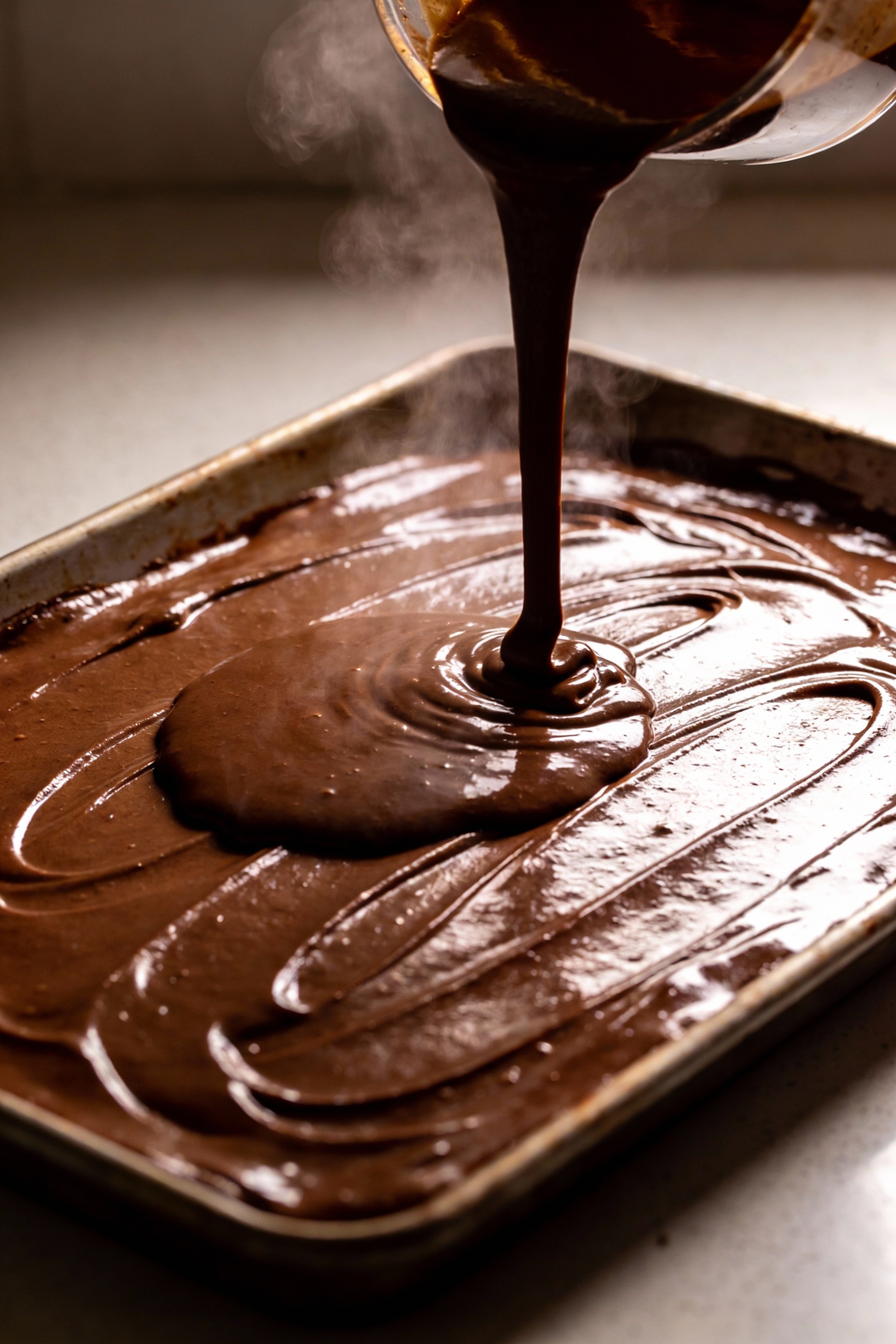 Cooking process: no-mixer chocolate sheet cake batter just poured into a 9x13 pan, glossy thin surface with visible coco
