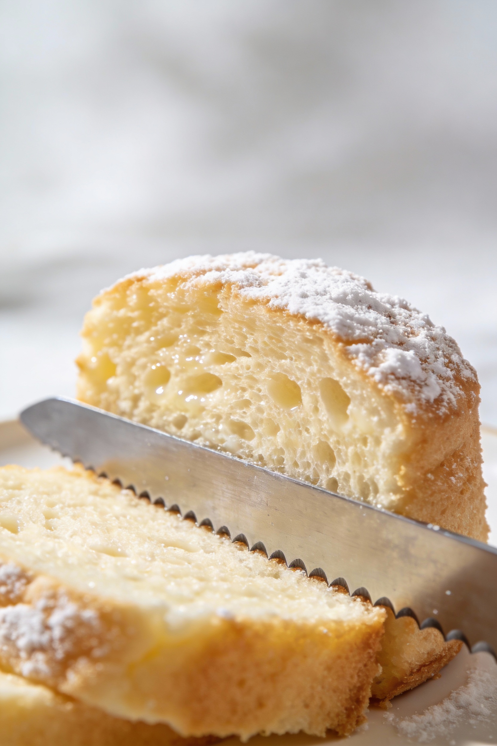 2. Close-up detail: thick slice of angel food cake showing glossy, cloud-like vanilla crumb and delicate pores, clean se