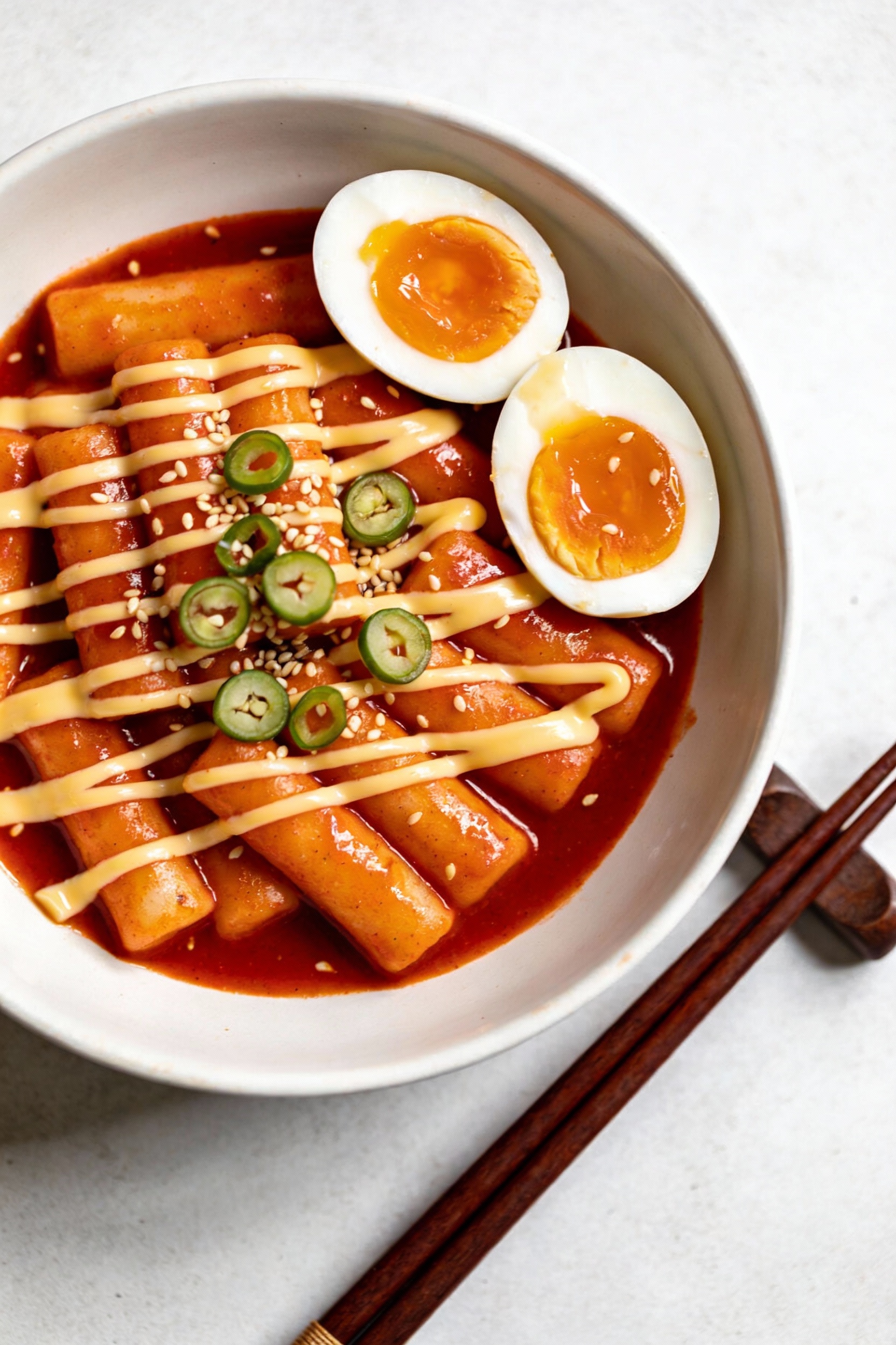 Overhead final dish: tteokbokki-style rice cakes arranged in a wide white bowl, vivid red-orange sauce pooled and lacque