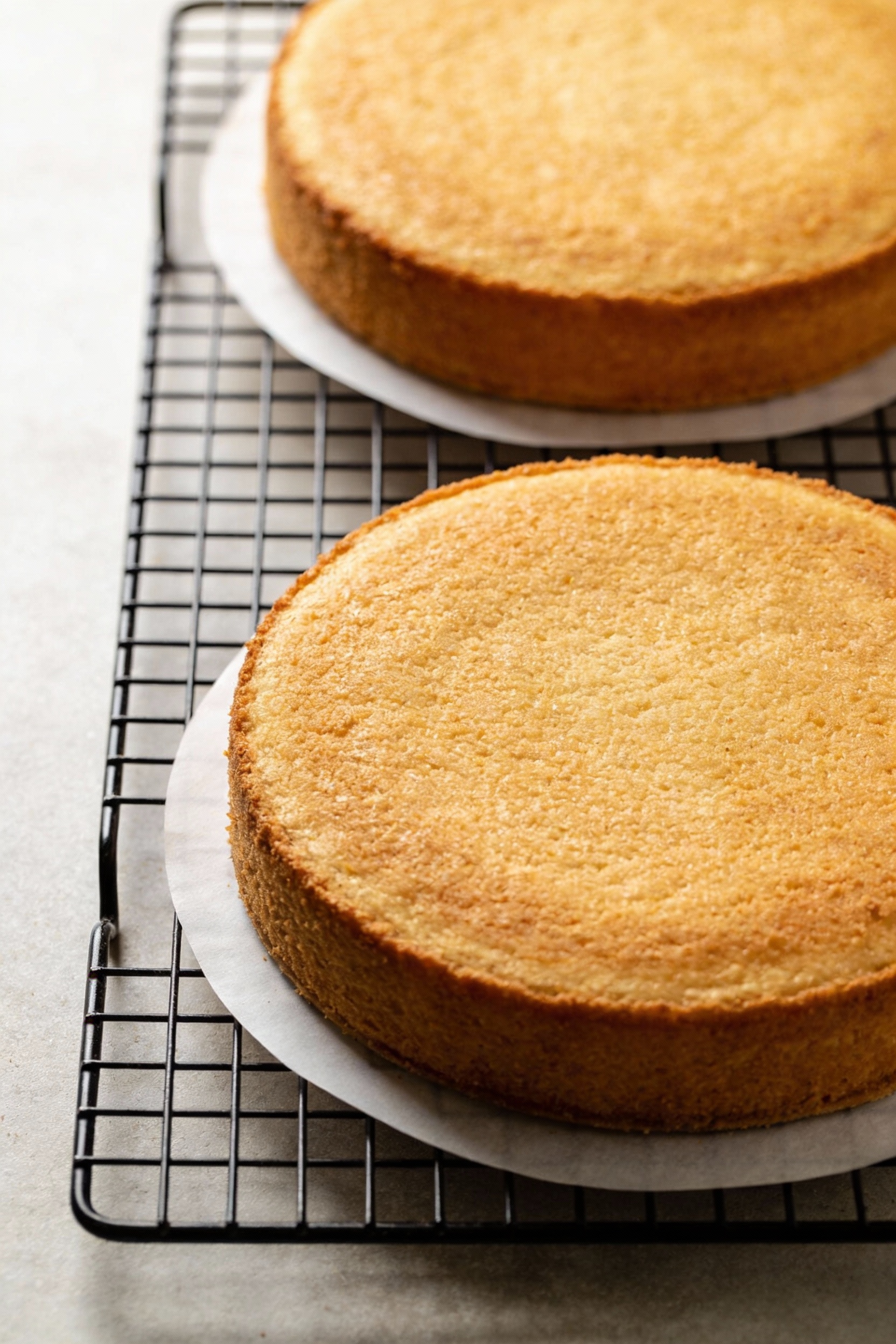 2. Cooking process: two 8-inch golden cake layers just out of the oven, cooling on a wire rack; parchment rounds visible