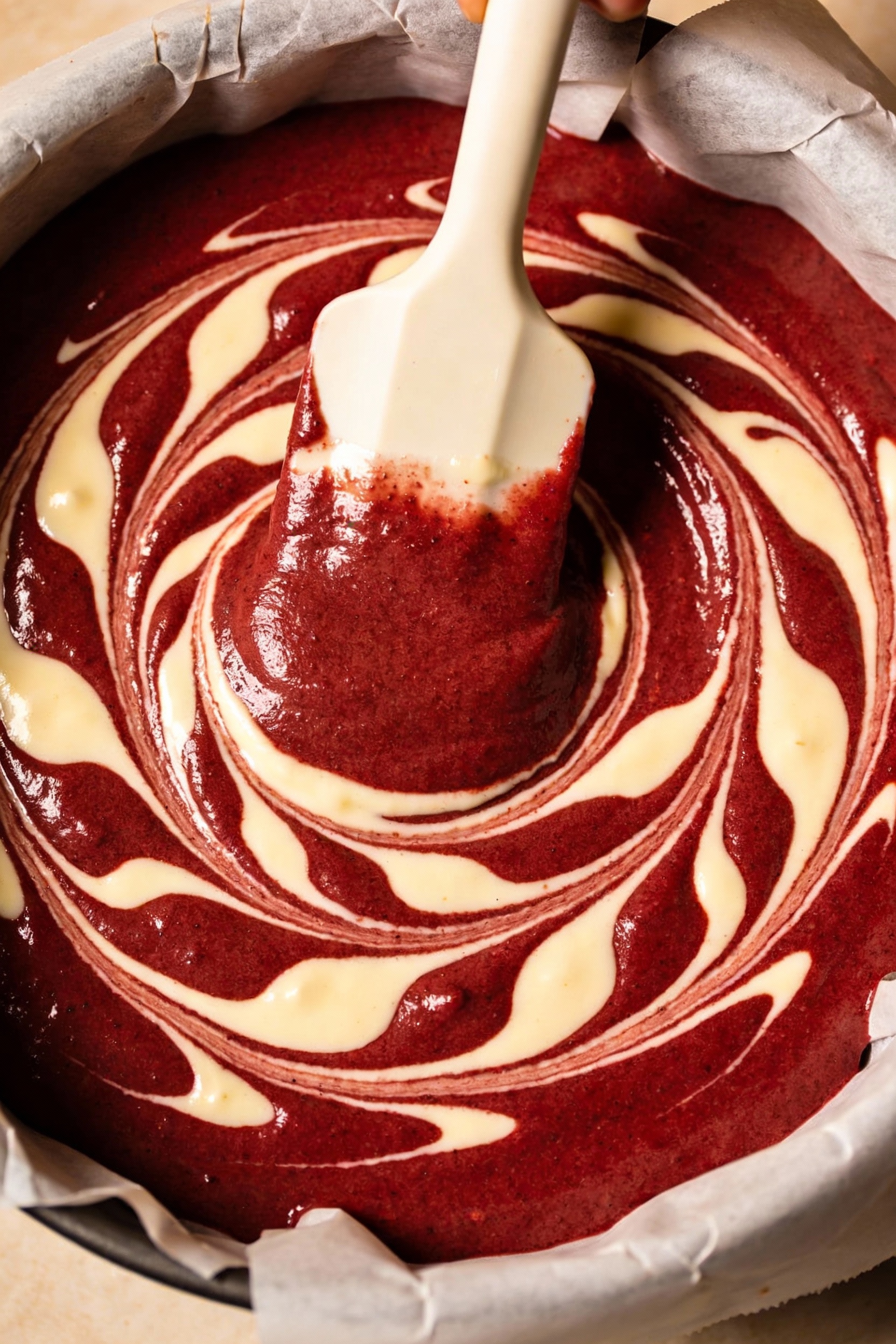 Cooking process: red velvet cheesecake swirl batter in a parchment-lined 8-inch pan, glossy red batter marbled with crea