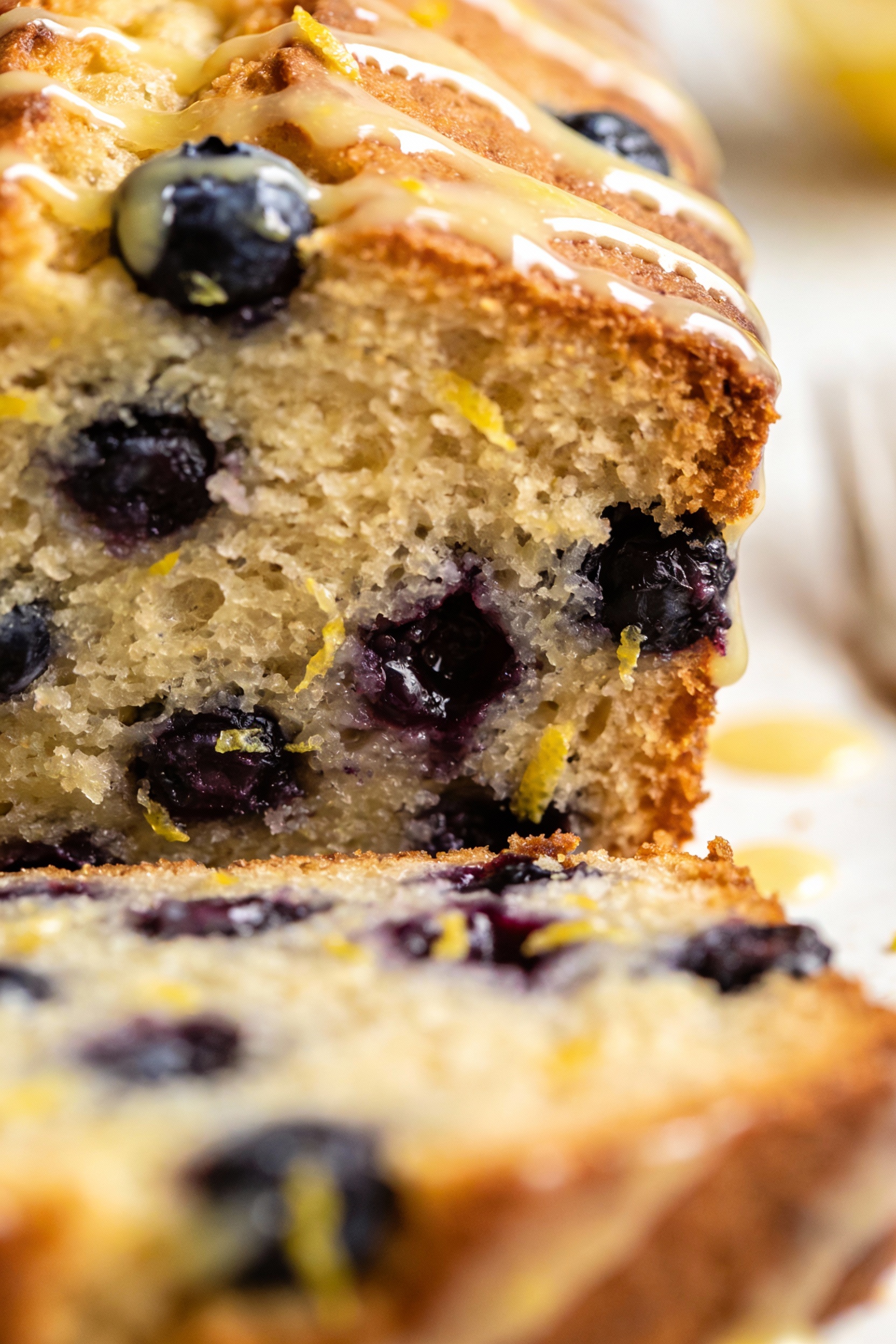 Close-up of a blueberry lemon loaf slice showing a tight, tender crumb with juicy blueberries suspended and lemon zest f