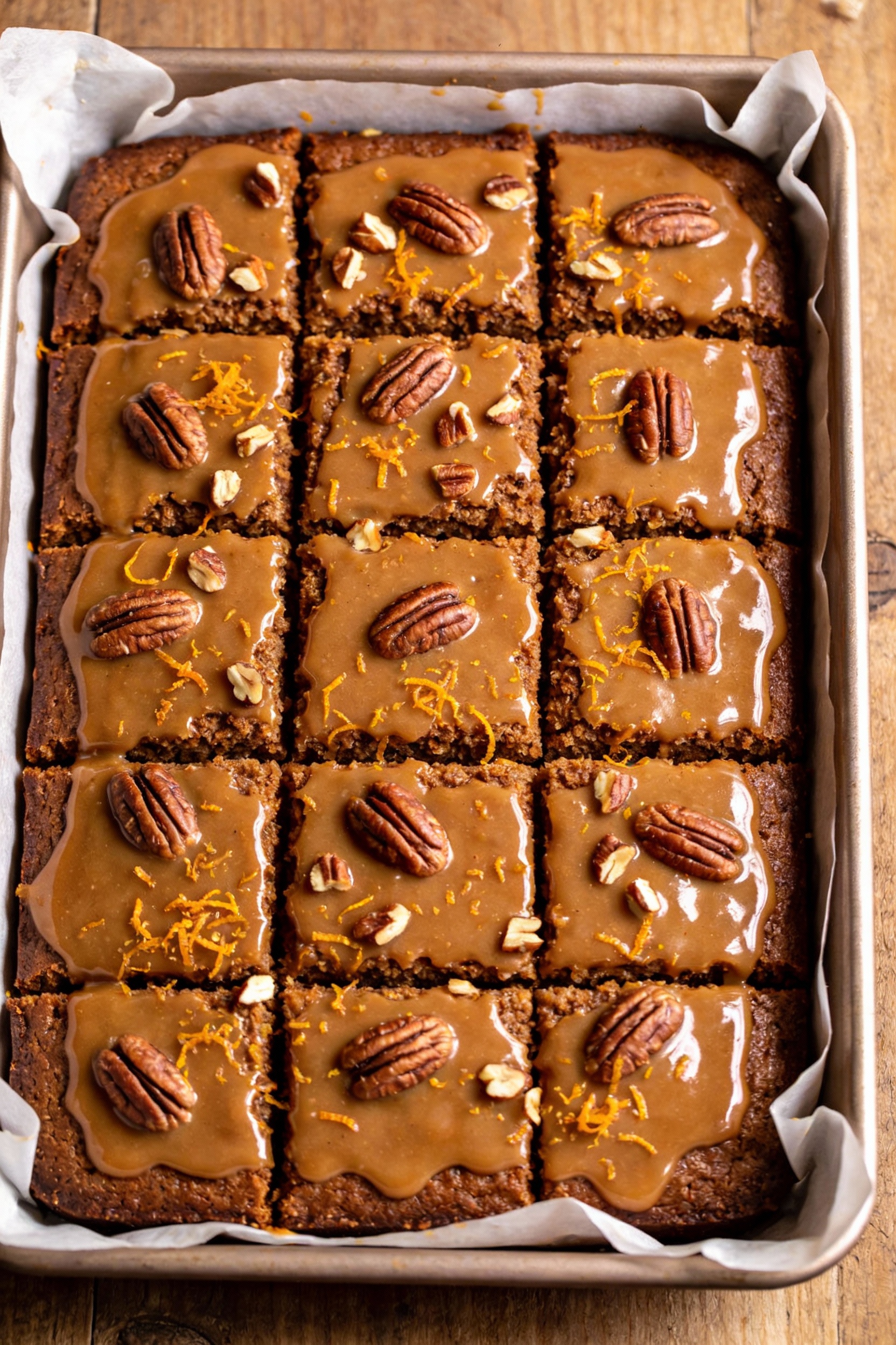 Overhead shot of a 9x13 spice sheet cake blanketed in brown butter glaze, cut into neat squares; plush crumb visible at 