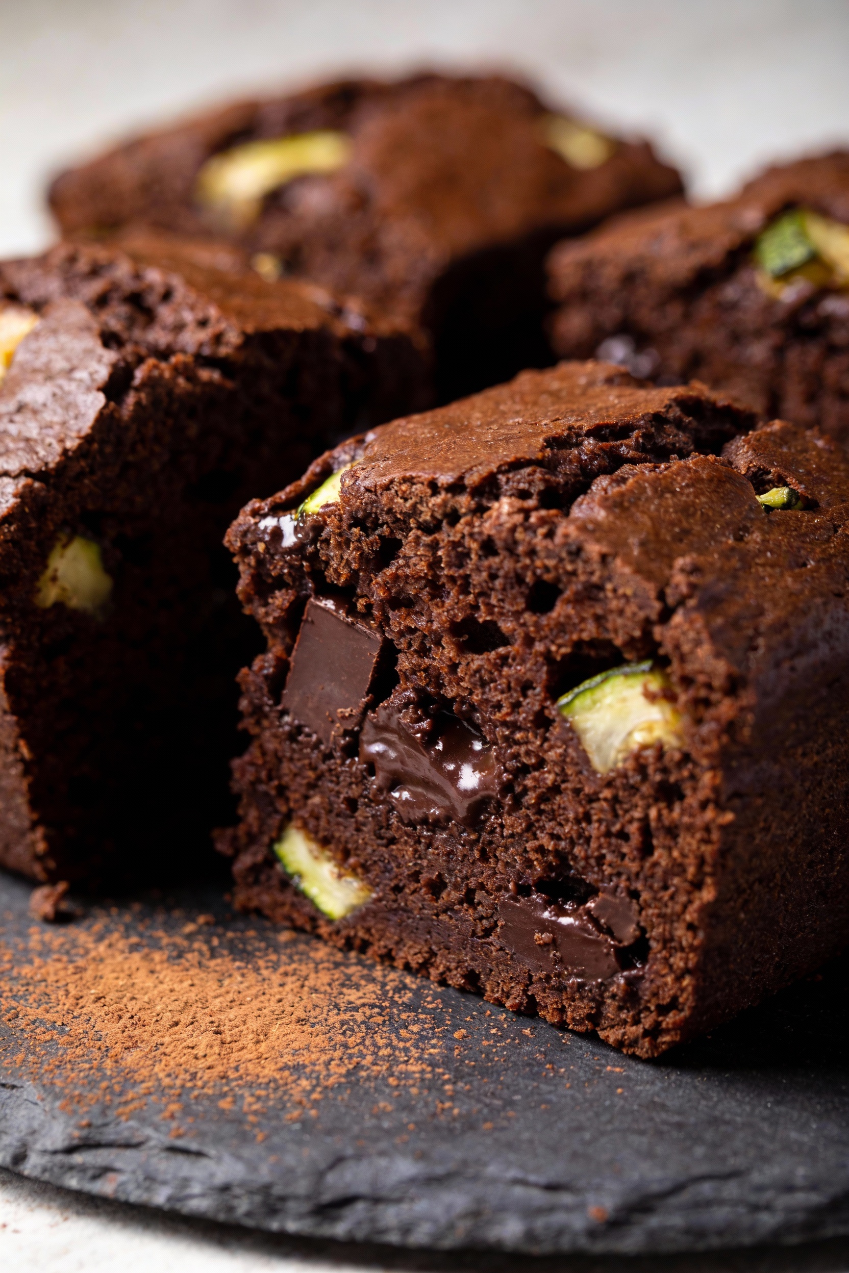 Close-up of Chocolate Zucchini cake slice showing moist tender crumb, melted 70% dark chocolate pockets, and subtle zucc