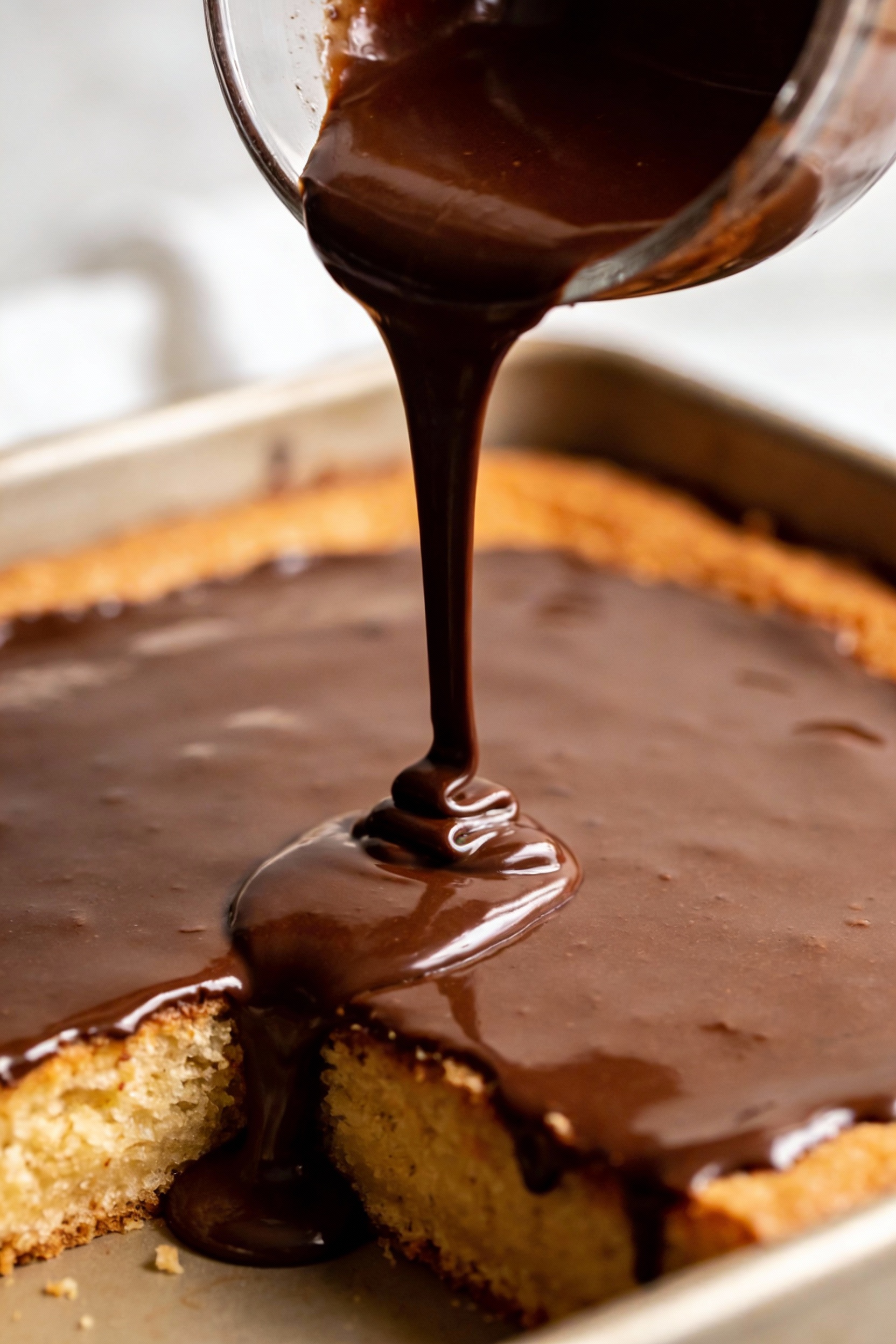 Glossy chocolate ganache poured in a thin ribbon over a slightly warm baked sheet cake in pan; glaze pooling at corners;