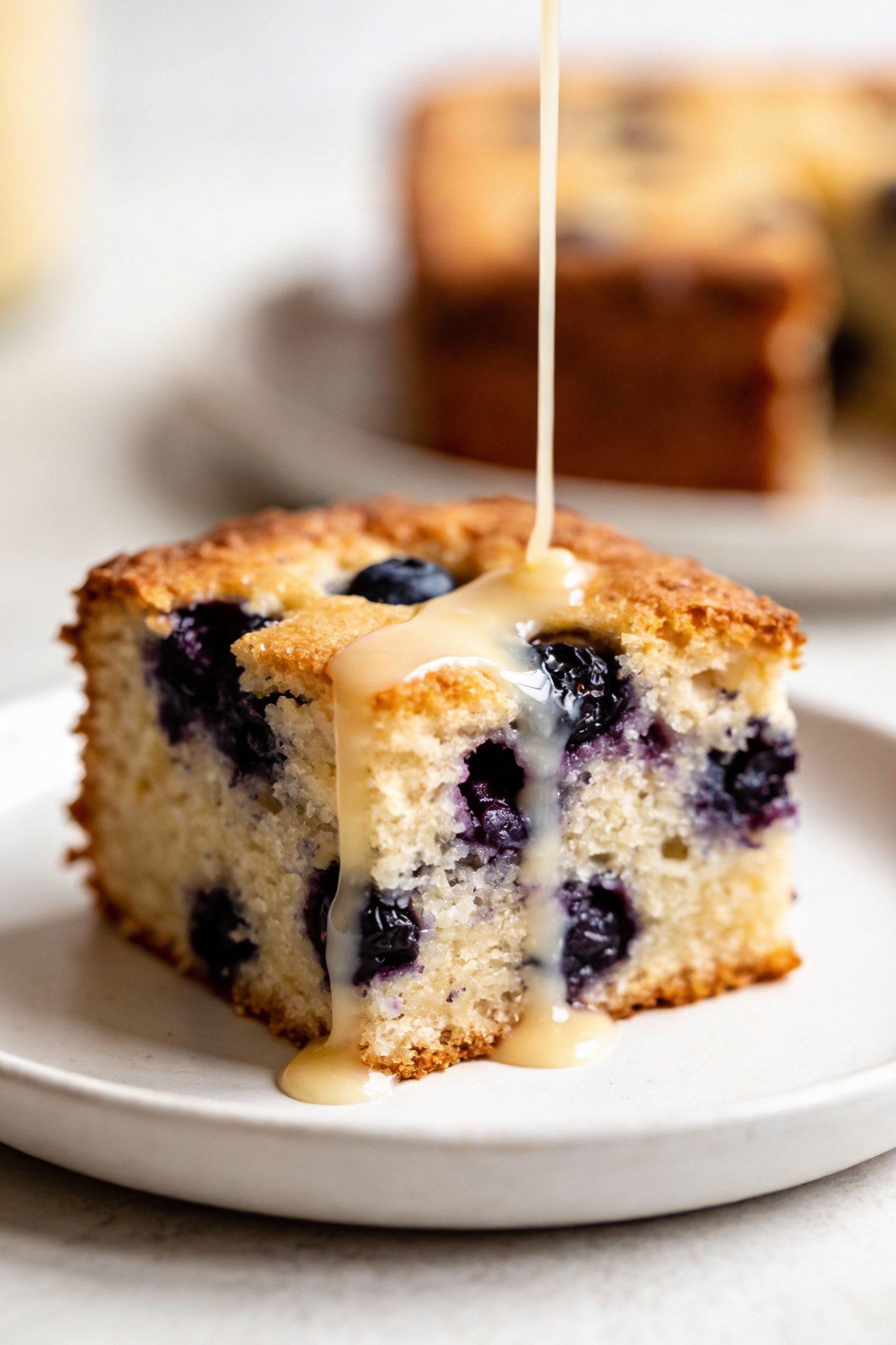 Close-up of a blueberry burst cake square on a white plate showing moist crumb with blueberry pockets and lightly crisp 