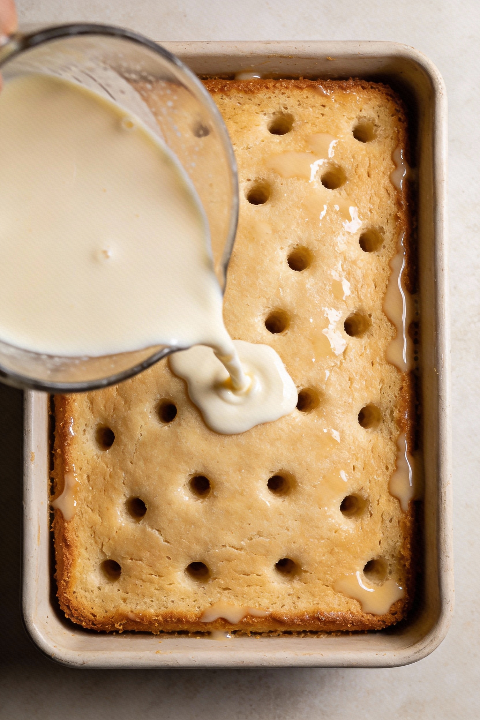 2. Overhead of tres leches poke cake just baked and cooled, evenly spaced holes with creamy milk mixture being poured to