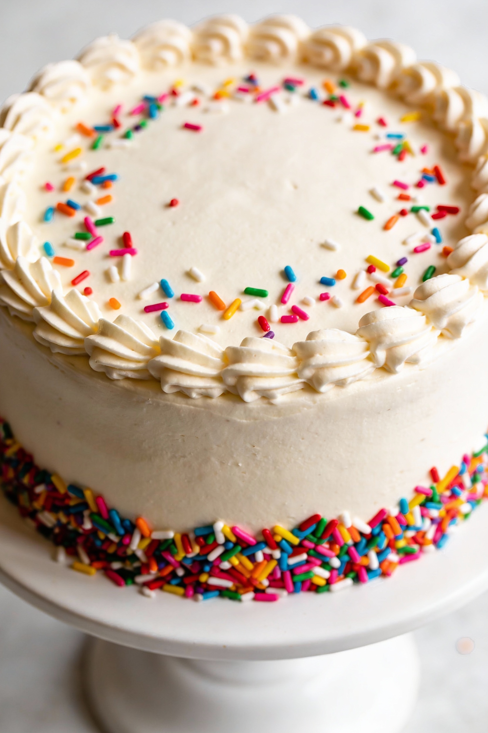 Overhead shot of the fully frosted birthday confetti cake on a white cake stand, smooth silky buttercream finish with pi