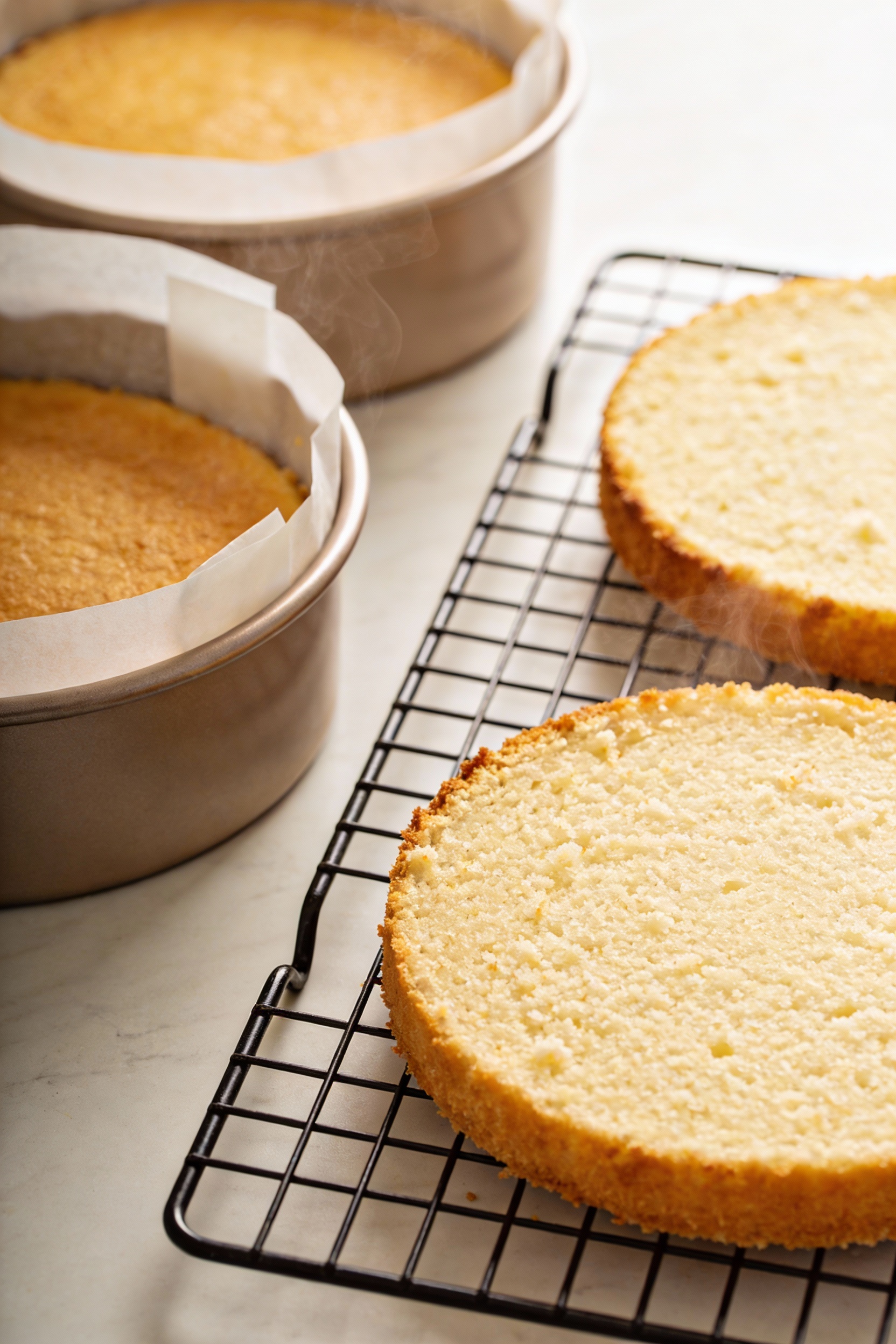 2. Cooking process: vegan vanilla cake layers cooling on a wire rack with parchment-lined 8-inch pans nearby, golden top