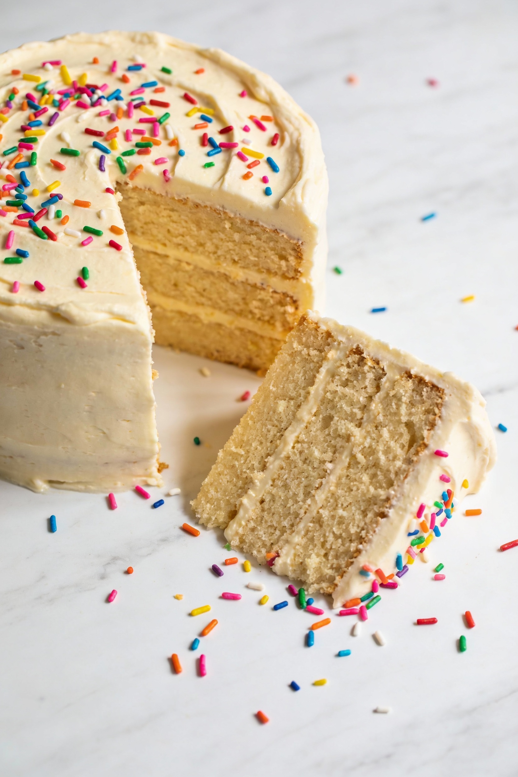 Overhead shot of classic vanilla birthday layer cake frosted with smooth vanilla buttercream, tight crumb visible in a c