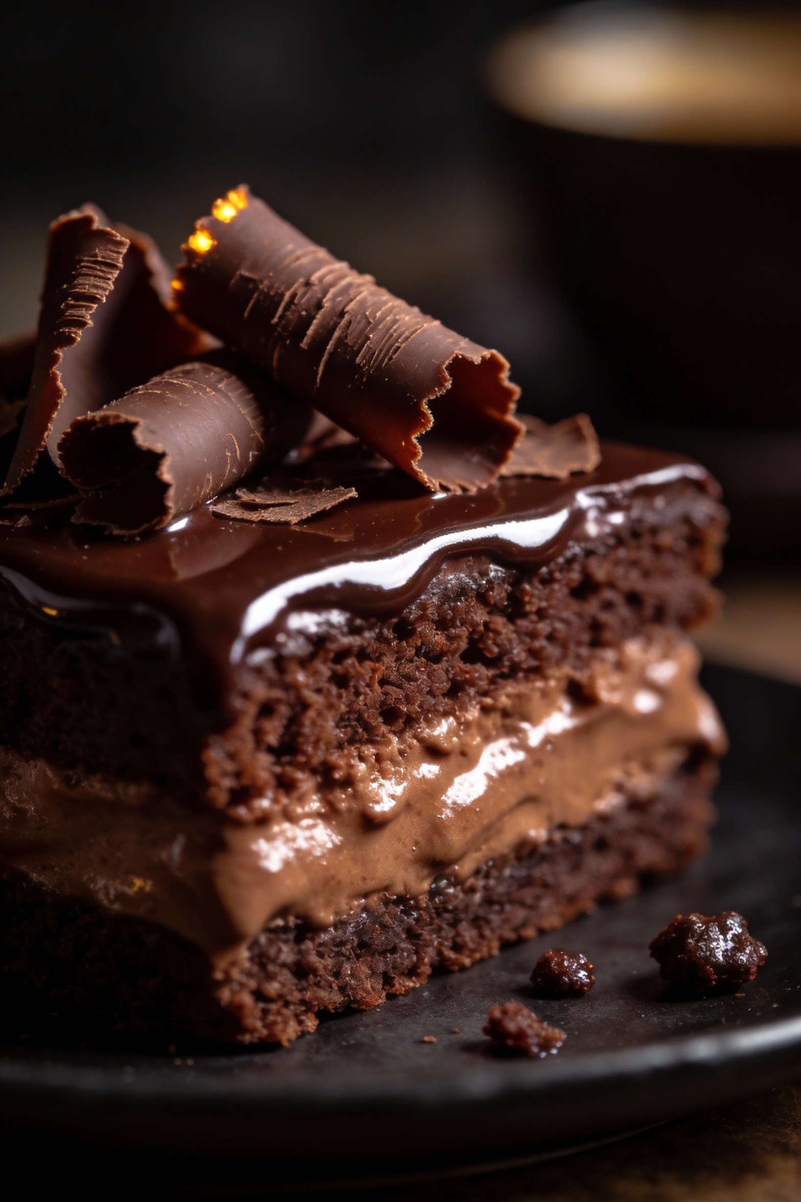 Close-up detail of a bakery-style chocolate espresso cake slice showing a plush, velvety crumb from pudding mix, glossy 