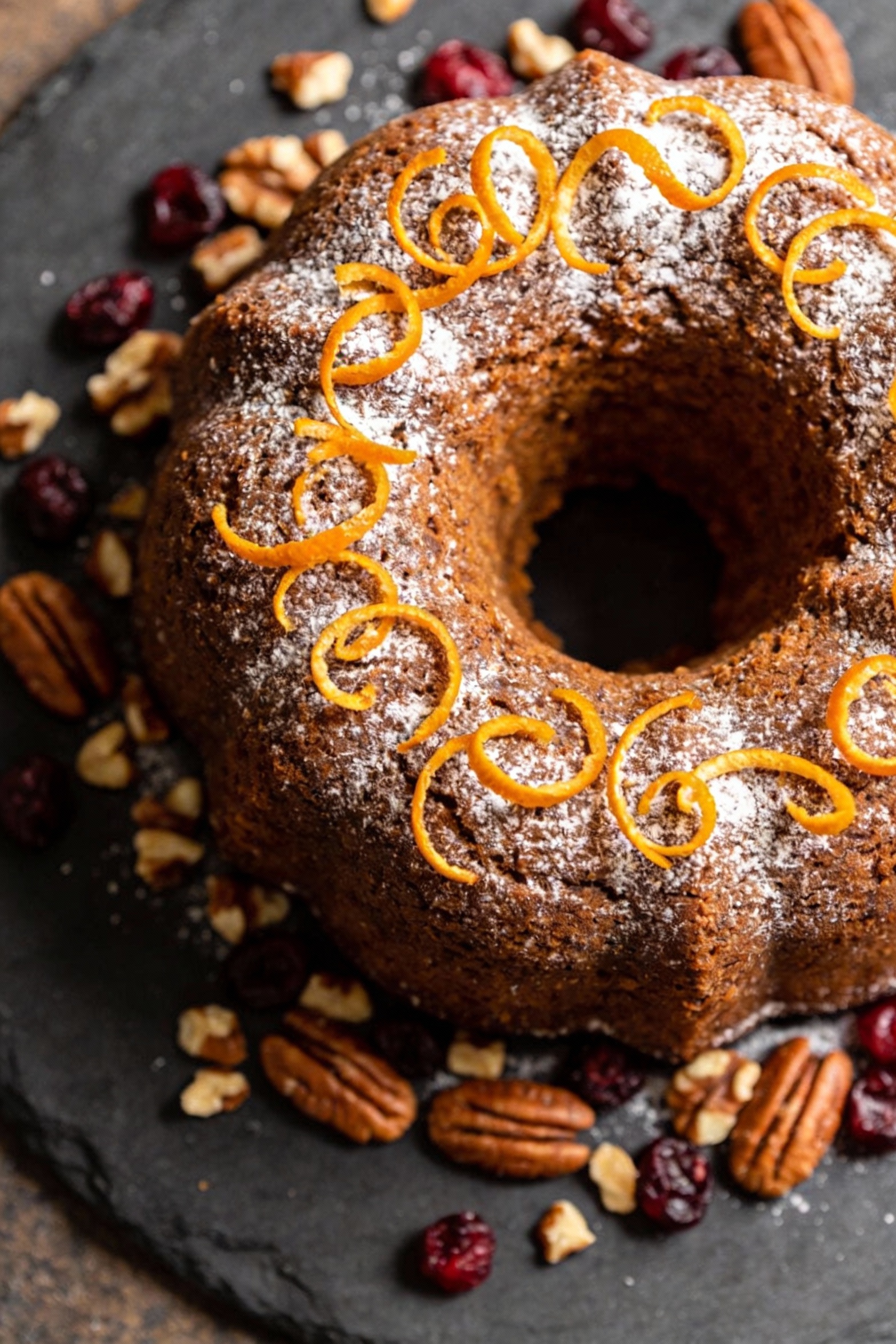 2. Overhead shot of a finished bundt-style Christmas spice cake dusted lightly with powdered sugar and topped with thin 