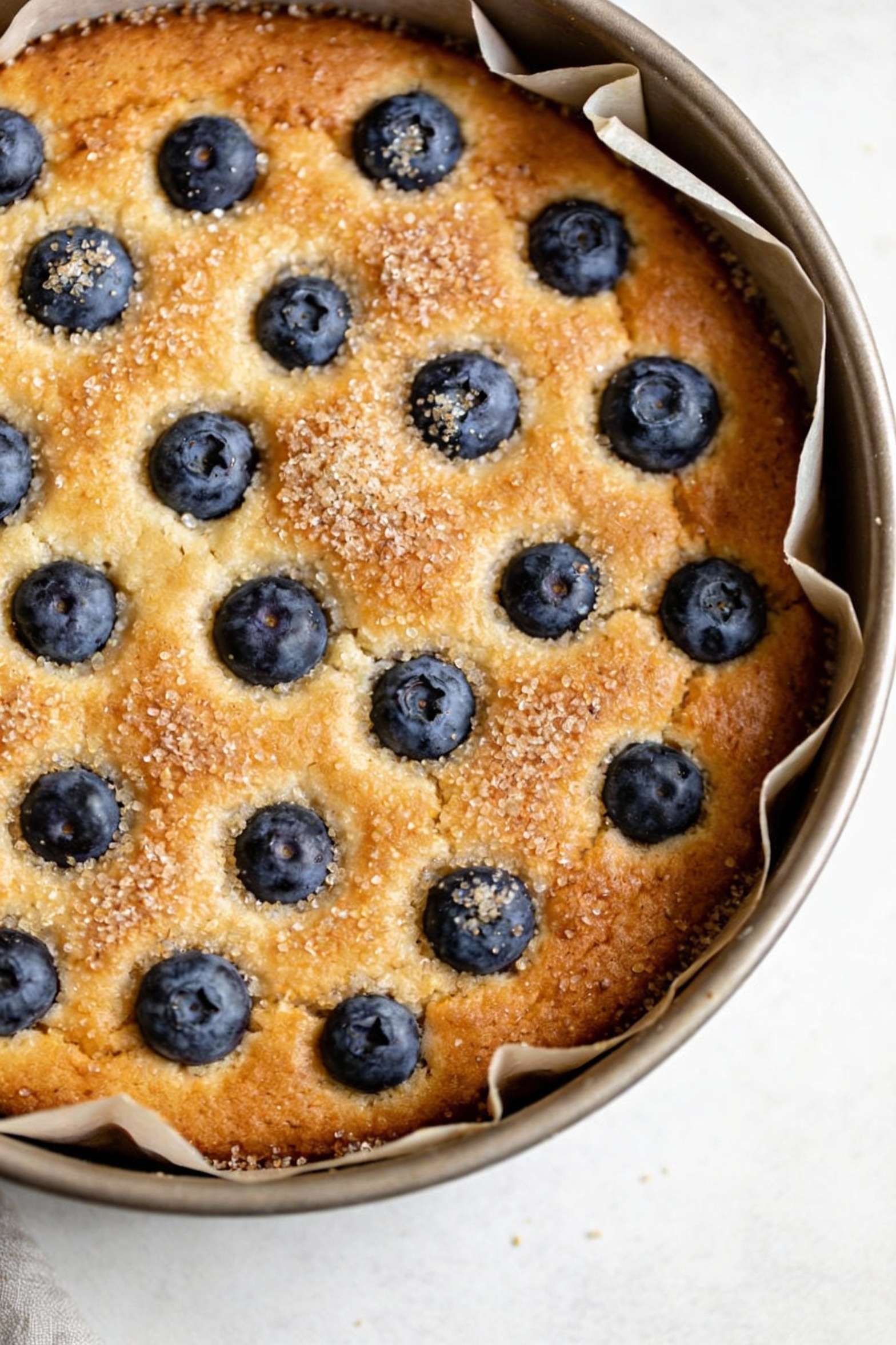 Overhead shot of the whole 9-inch blueberry cake in the pan, parchment-lined edges visible, top studded with blueberries