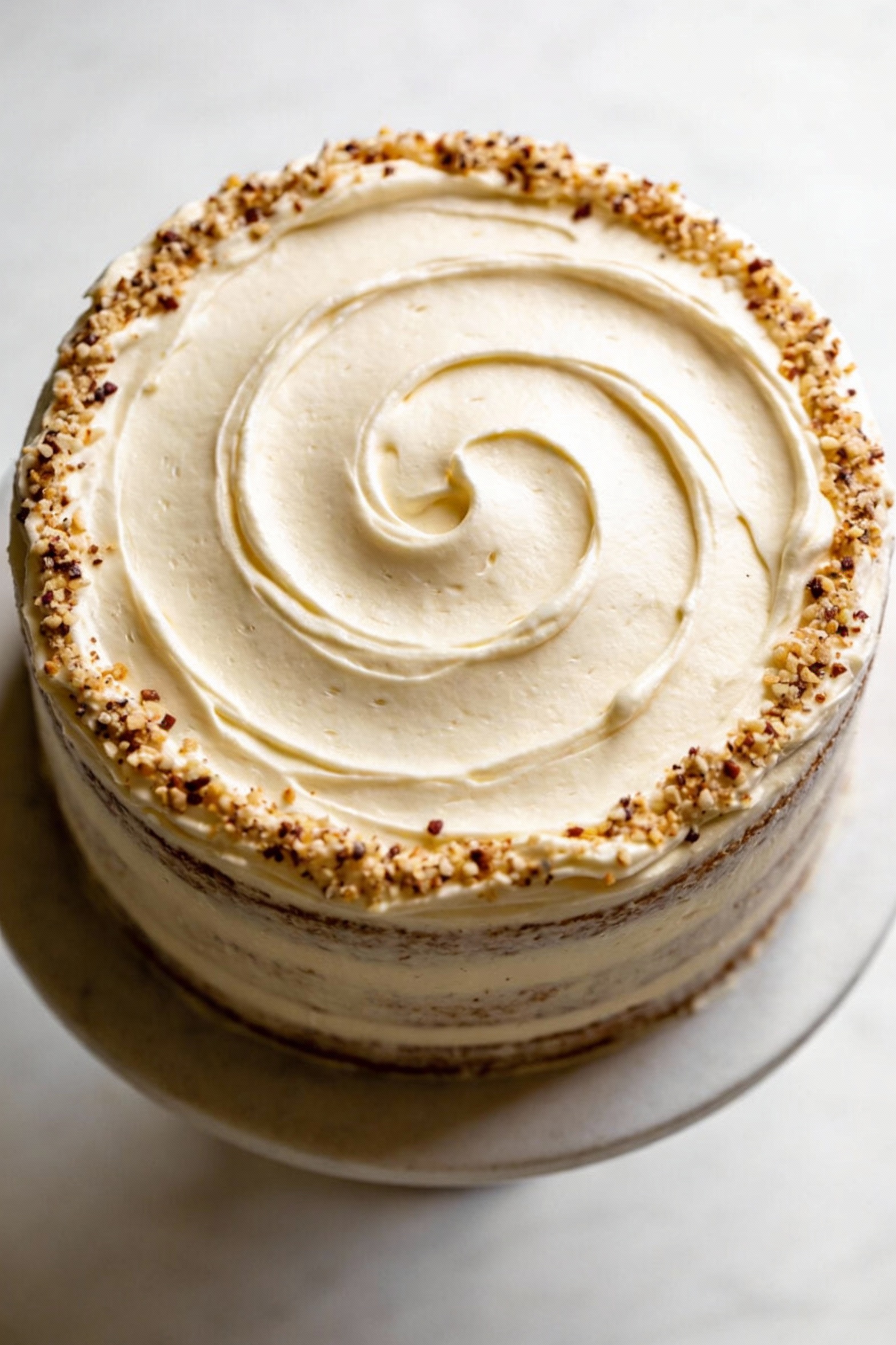 2. Overhead shot of the assembled 8-inch layer cake on a simple cake stand, smooth final coat of vanilla buttercream wit