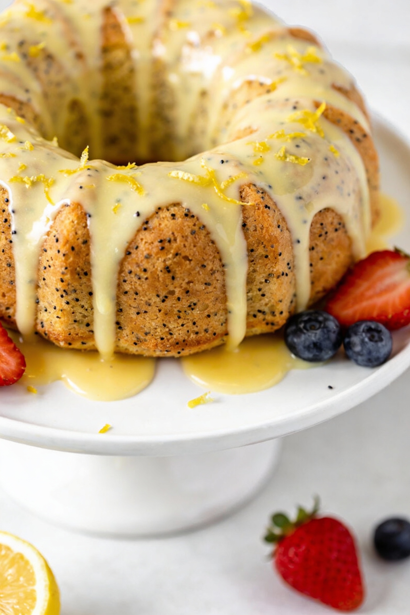 Overhead shot of a lemon poppy seed Bundt cake on a white cake stand, visible poppy seeds and bright lemon zest, thick l