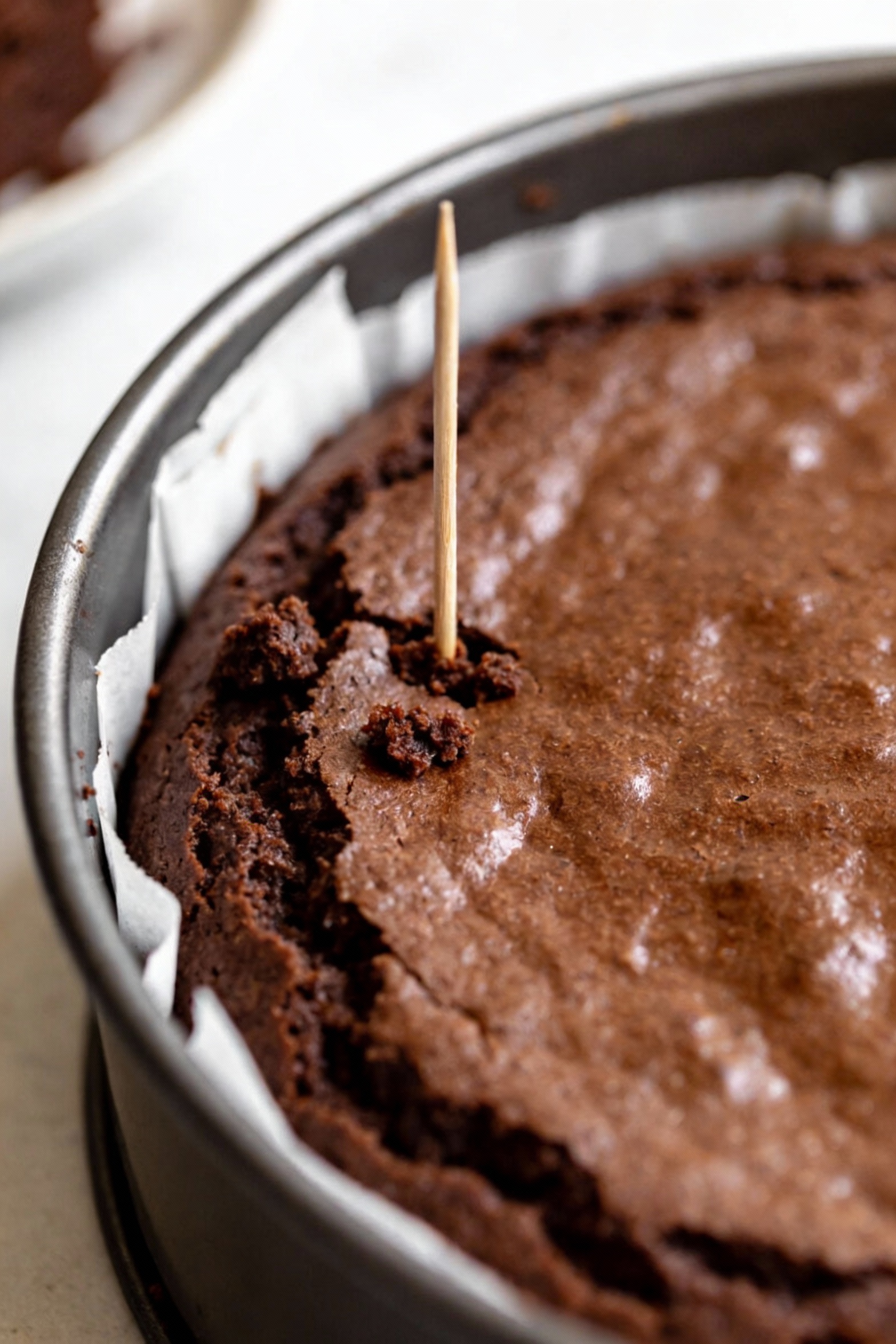 Close-up detail: baked chocolate cake layer just out of the oven in a 9-inch round pan with parchment visible at the edg
