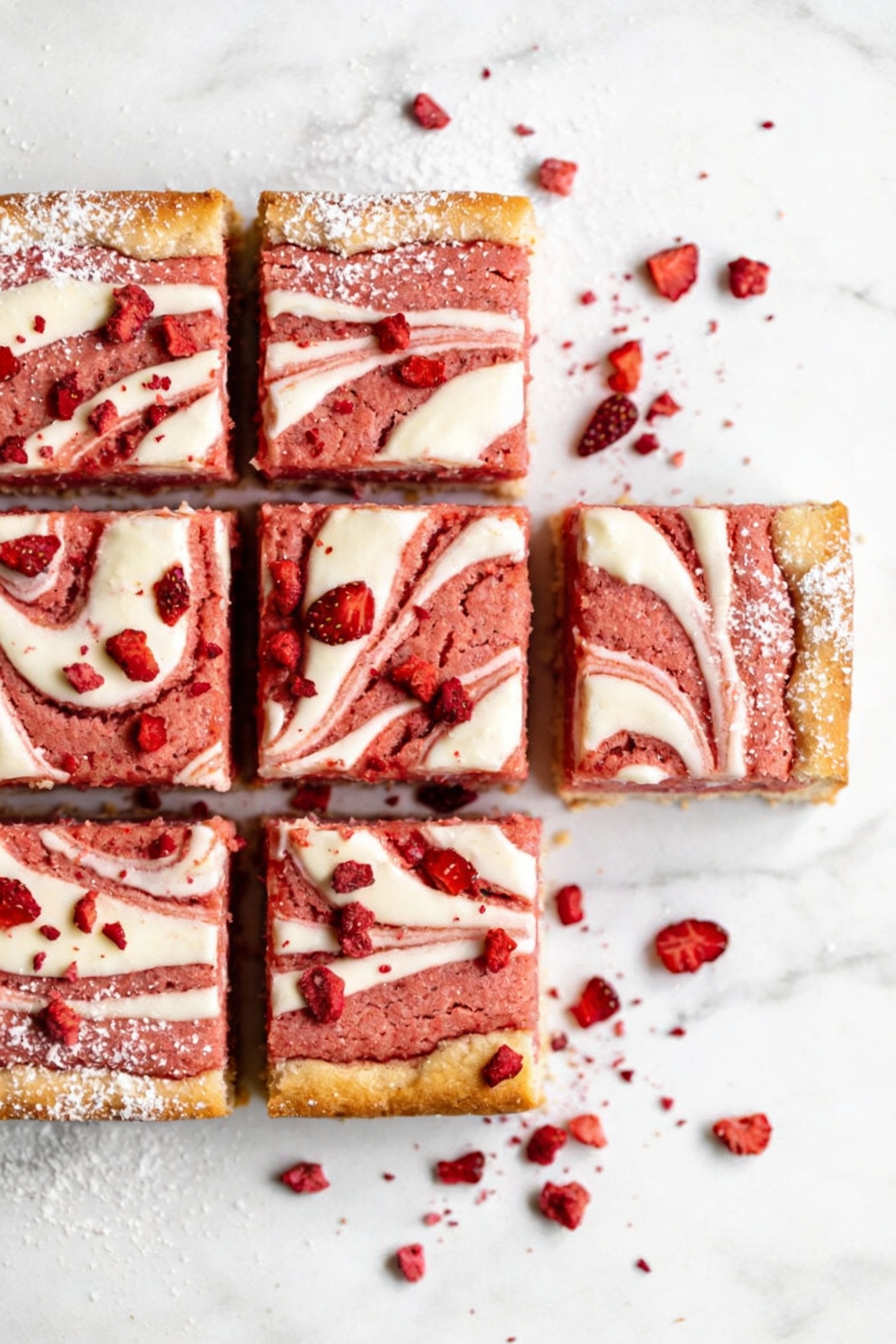 2. Overhead shot of strawberry cheesecake swirl bars cut into neat squares, visible creamy white swirls against vibrant 