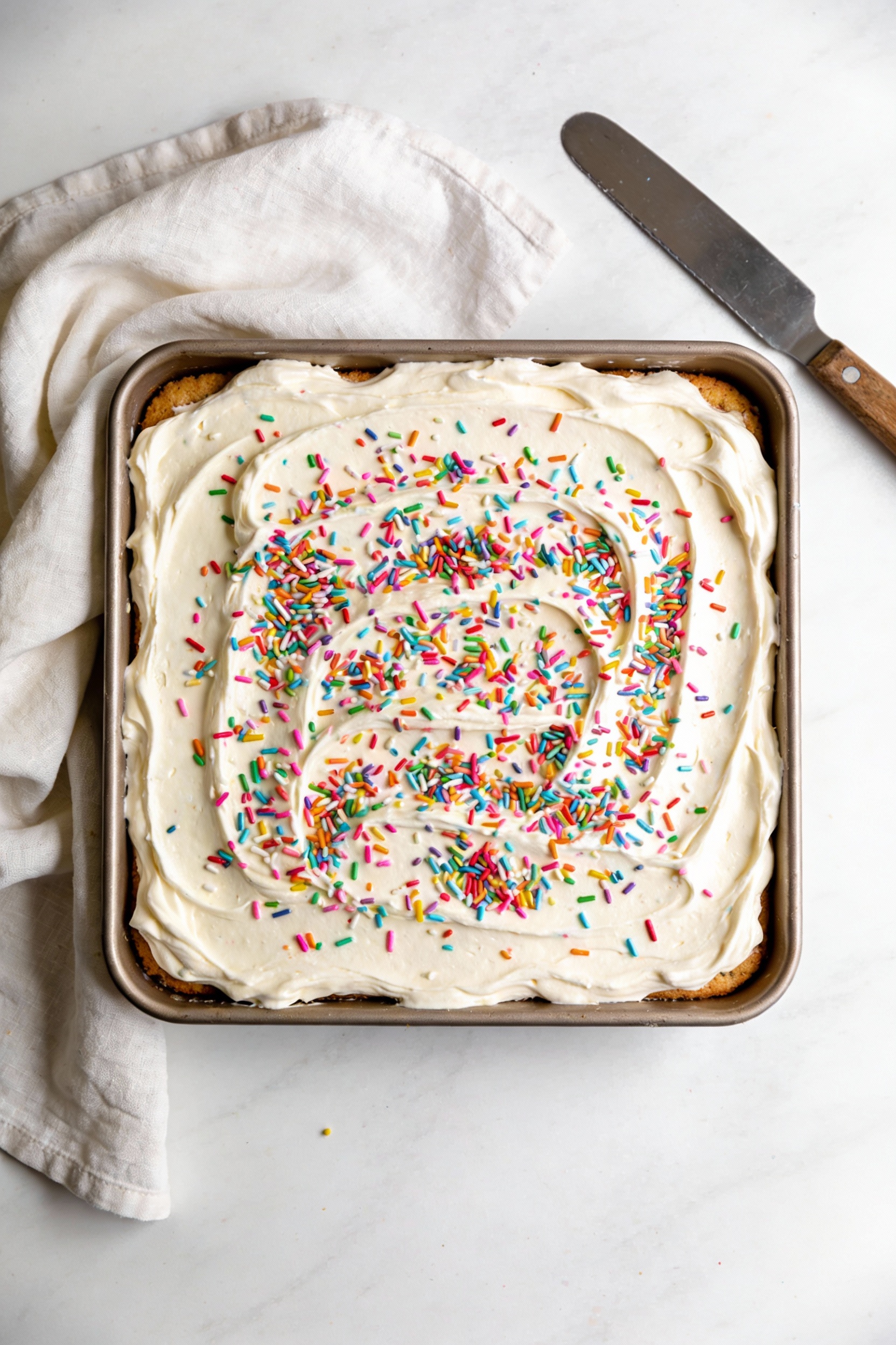 3. Overhead shot: funfetti variation sheet cake in a 9x13 pan, smooth vanilla buttercream spread to the edges with visib