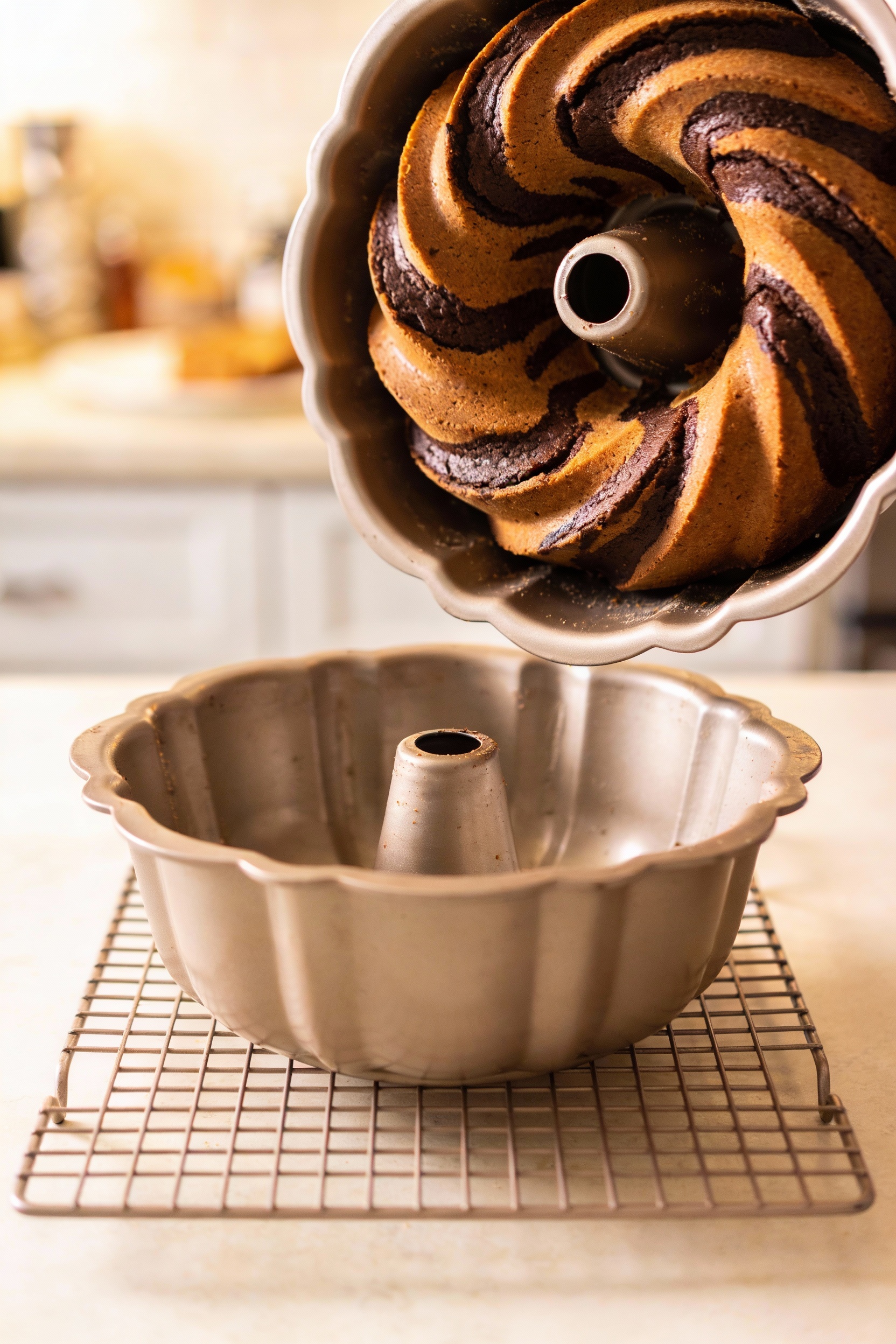3. Cooking process: baked chocolate marble Bundt cake still in the pan, shown at the unmolding moment with the pan inver