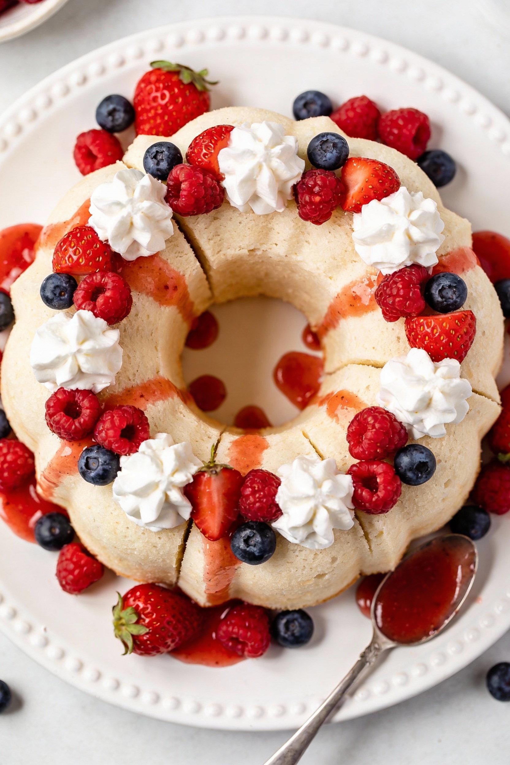 3. Overhead shot: angel food cake sliced and arranged in a ring on a white serving platter, topped with whipped cream do