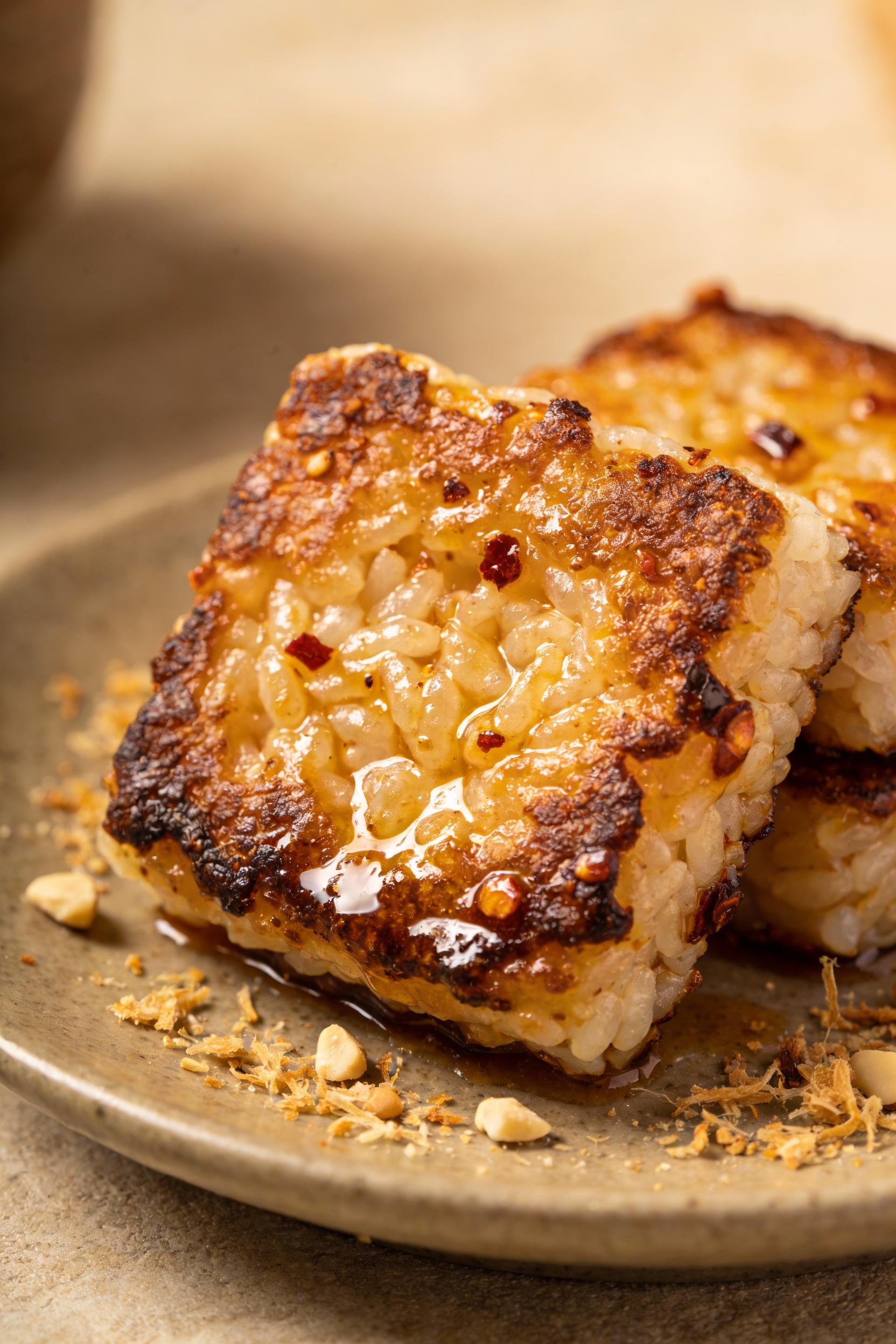 Close-up detail: crispy pan-seared rice cakes with deep golden-brown crust and chewy centers, lightly glazed with soy-ho