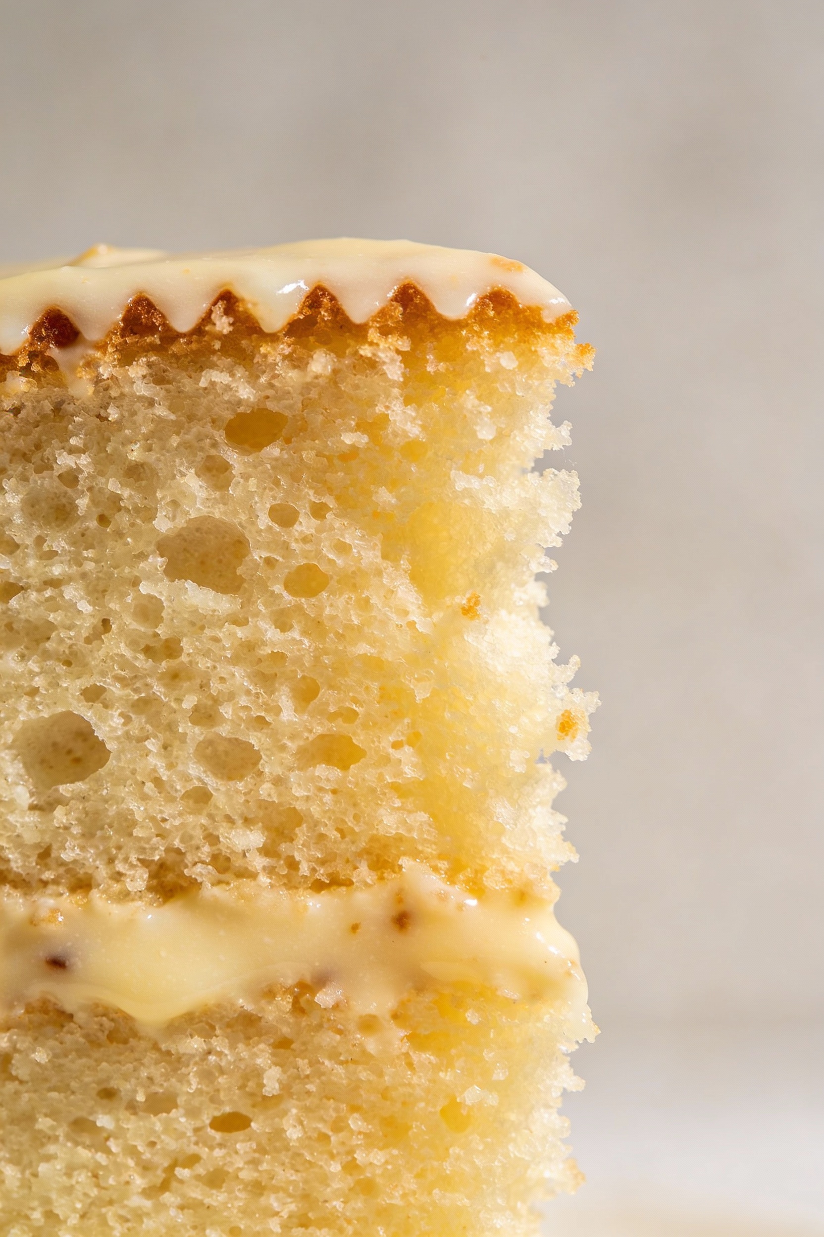Macro close-up of a serrated-cut slice of vanilla cake (instant pudding-enhanced) showing ultra-plush, fine crumb with t