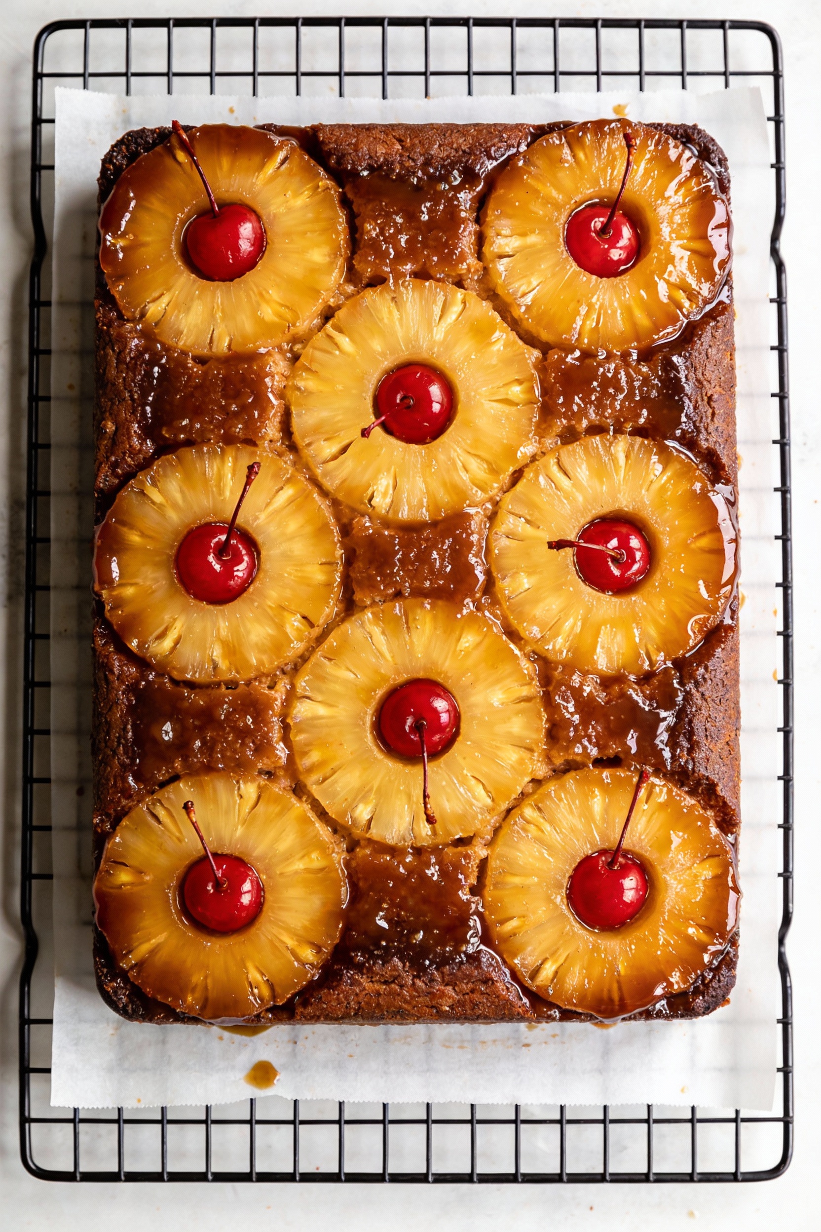 Overhead shot of pineapple upside-down sheet cake just unmolded: caramelized brown sugar glaze, golden pineapple rings w