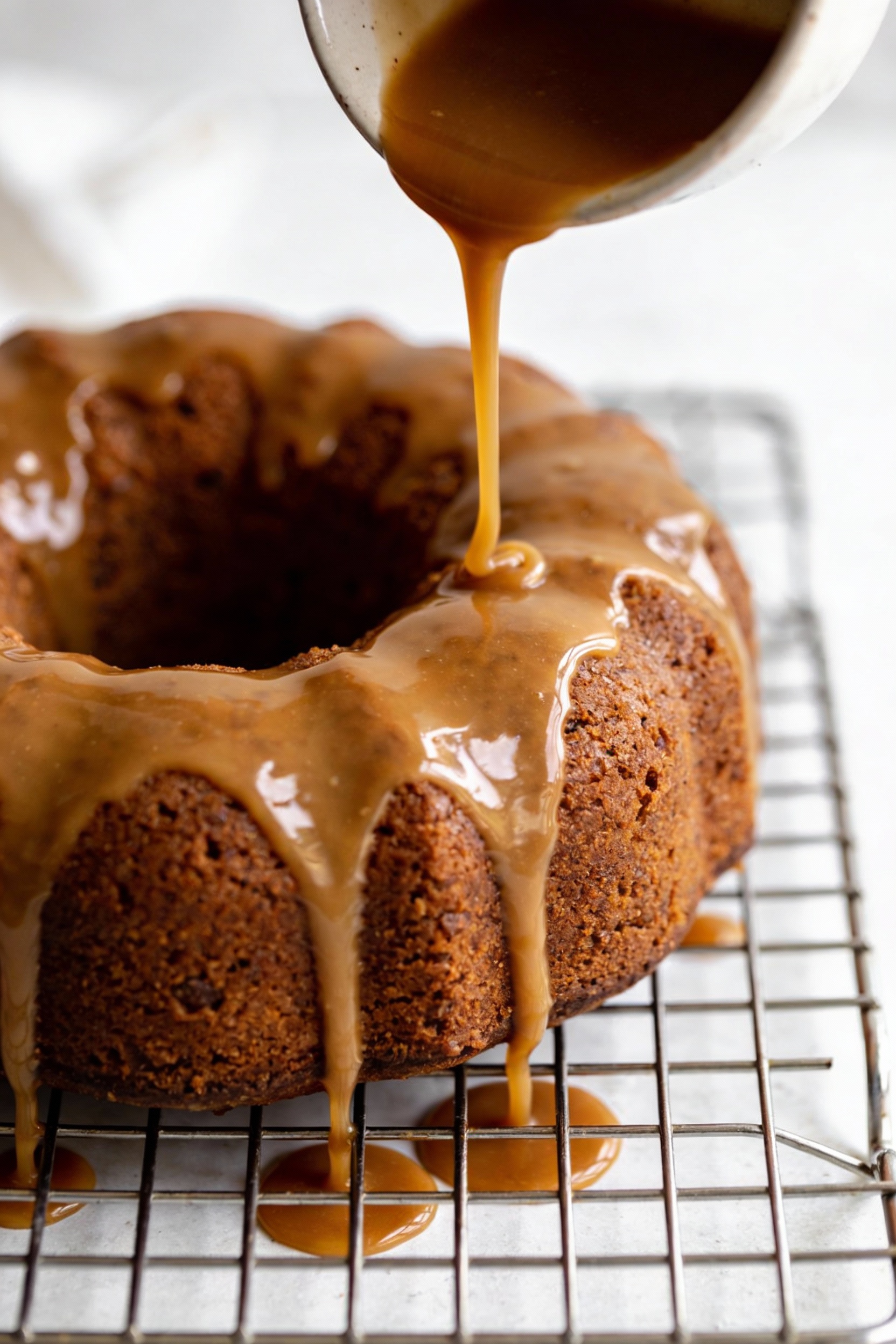 Cooking process: fully cooled round spice cake on a wire rack being coated with a pour of brown butter glaze; the cascad