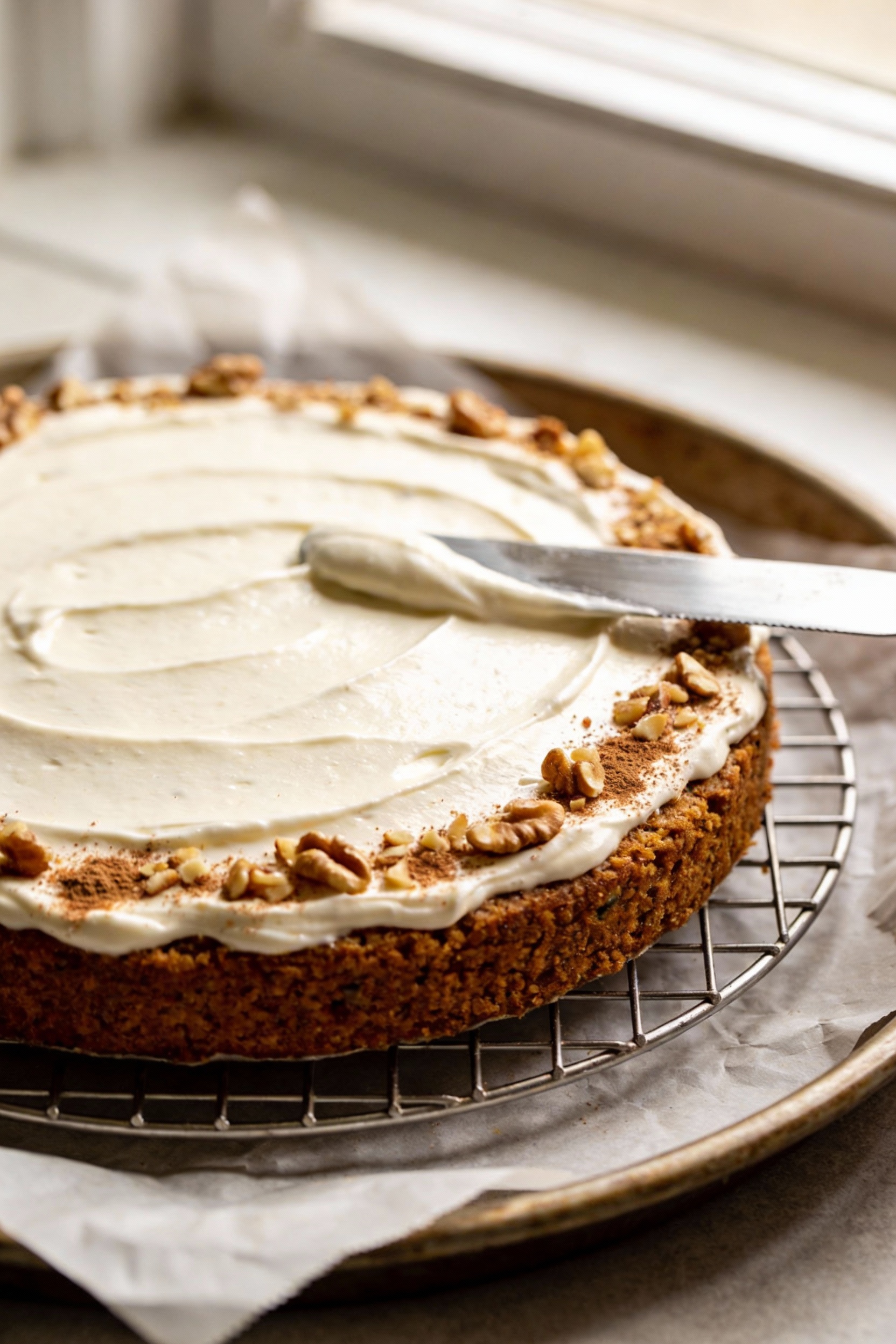 Carrot Spice cake just cooled on a rack, a thin layer of silky yogurt cream frosting being smoothly applied with an offs