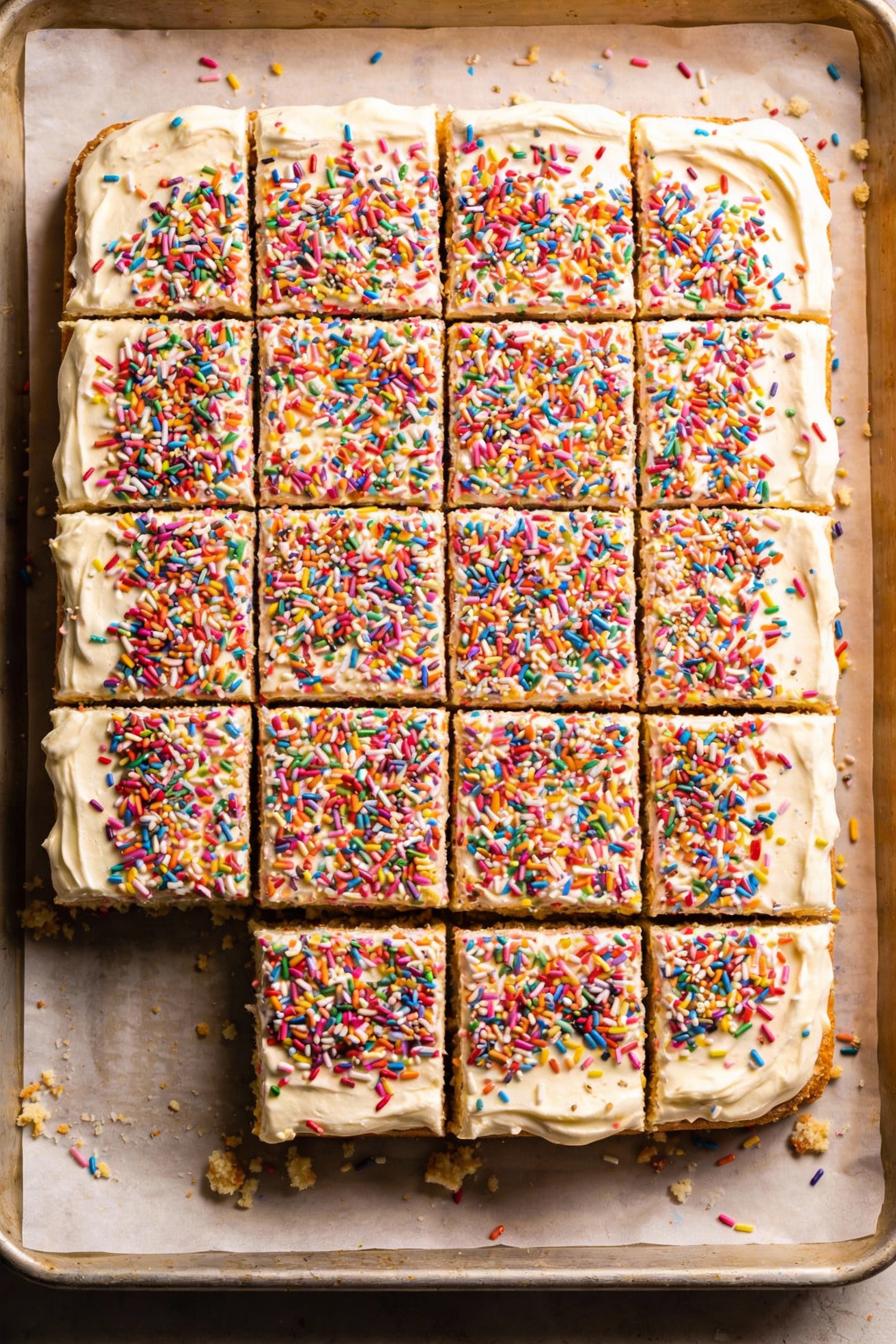 Overhead Funfetti sheet cake: vanilla buttercream evenly spread, heavy rainbow sprinkles, cut into 24 clean squares with