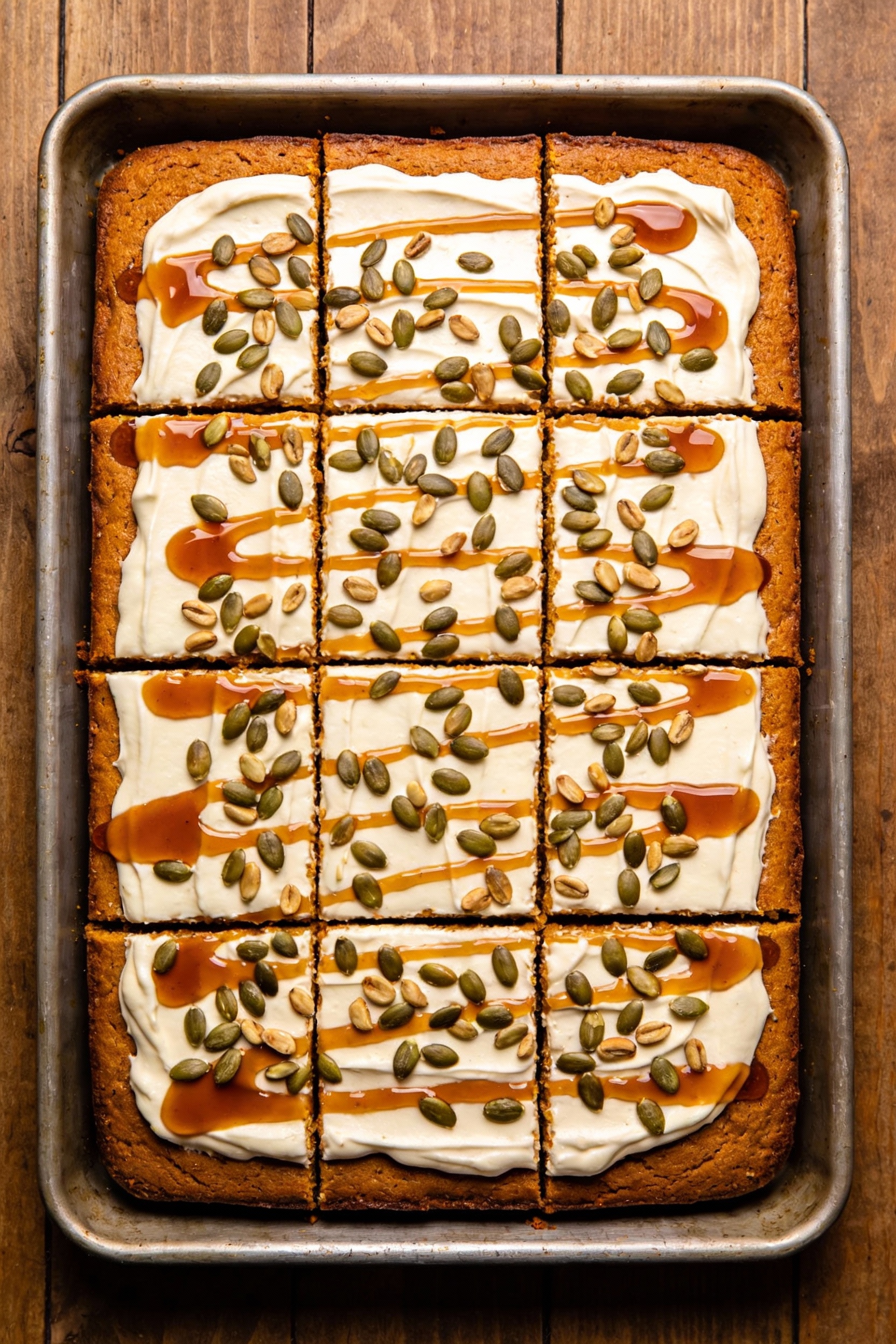 Tasty top view: Overhead shot of a 9x13 pumpkin cake neatly frosted and garnished with toasted pepitas and an amber mapl