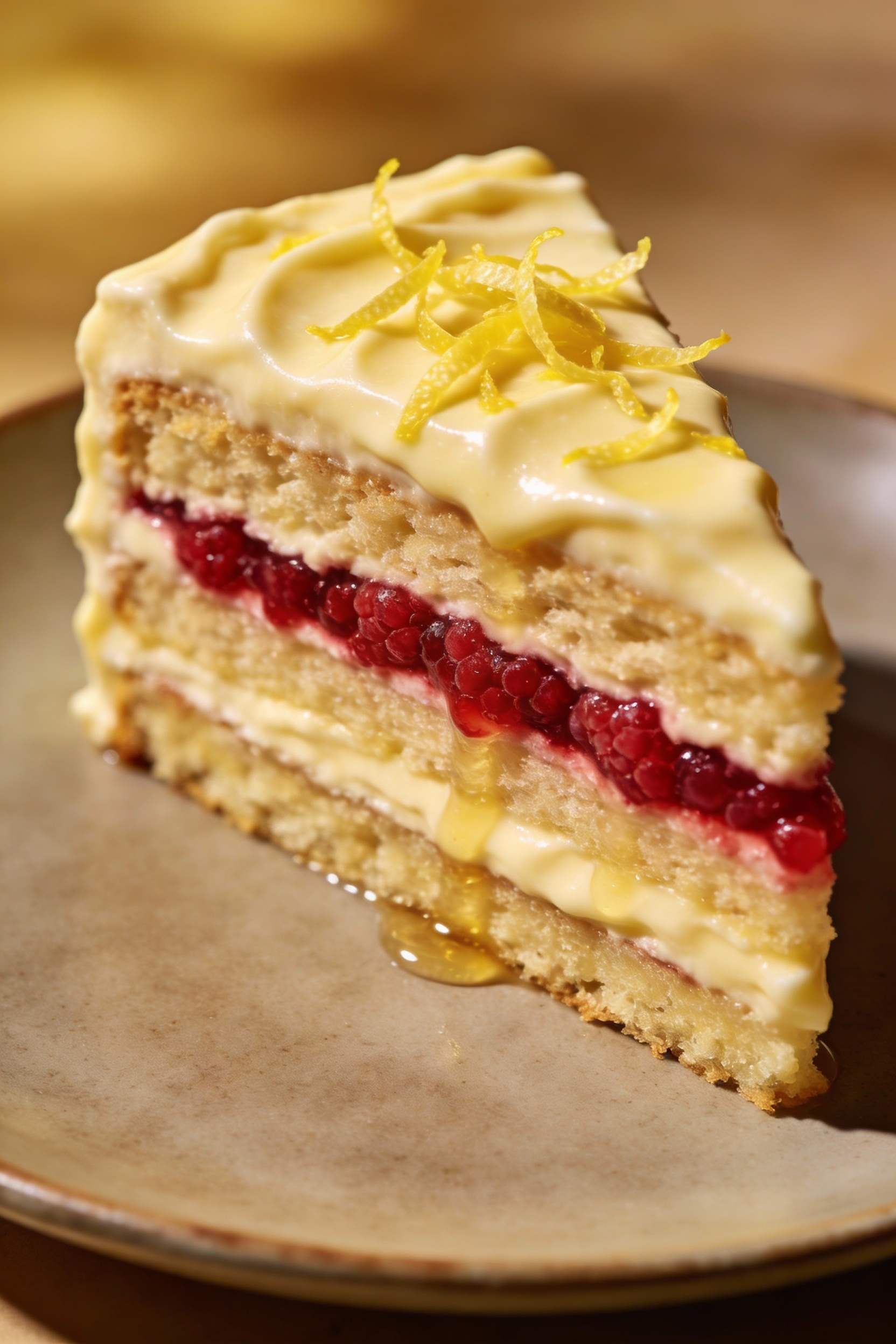3. Beautifully plated lemon-raspberry layer cake slice with neat lemon cream cheese frosting, bright lemon zest garnish,