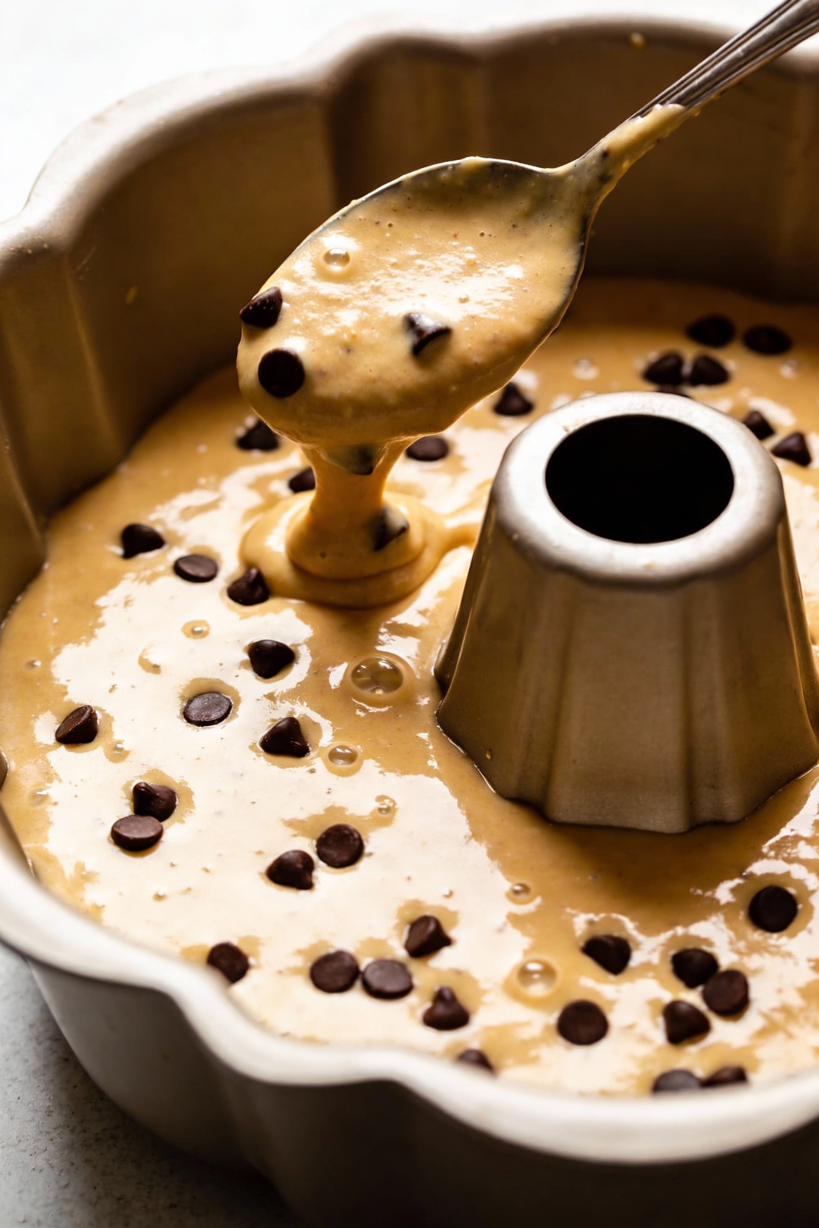 Cooking process: thick glossy bundt batter being spooned and smoothed into a well-defined bundt pan, mini chocolate chip